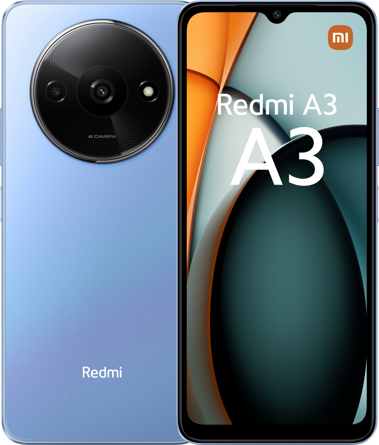 Un teléfono inteligente Redmi A3 azul claro, con un gran módulo de cámara y una pantalla que muestra contenido.