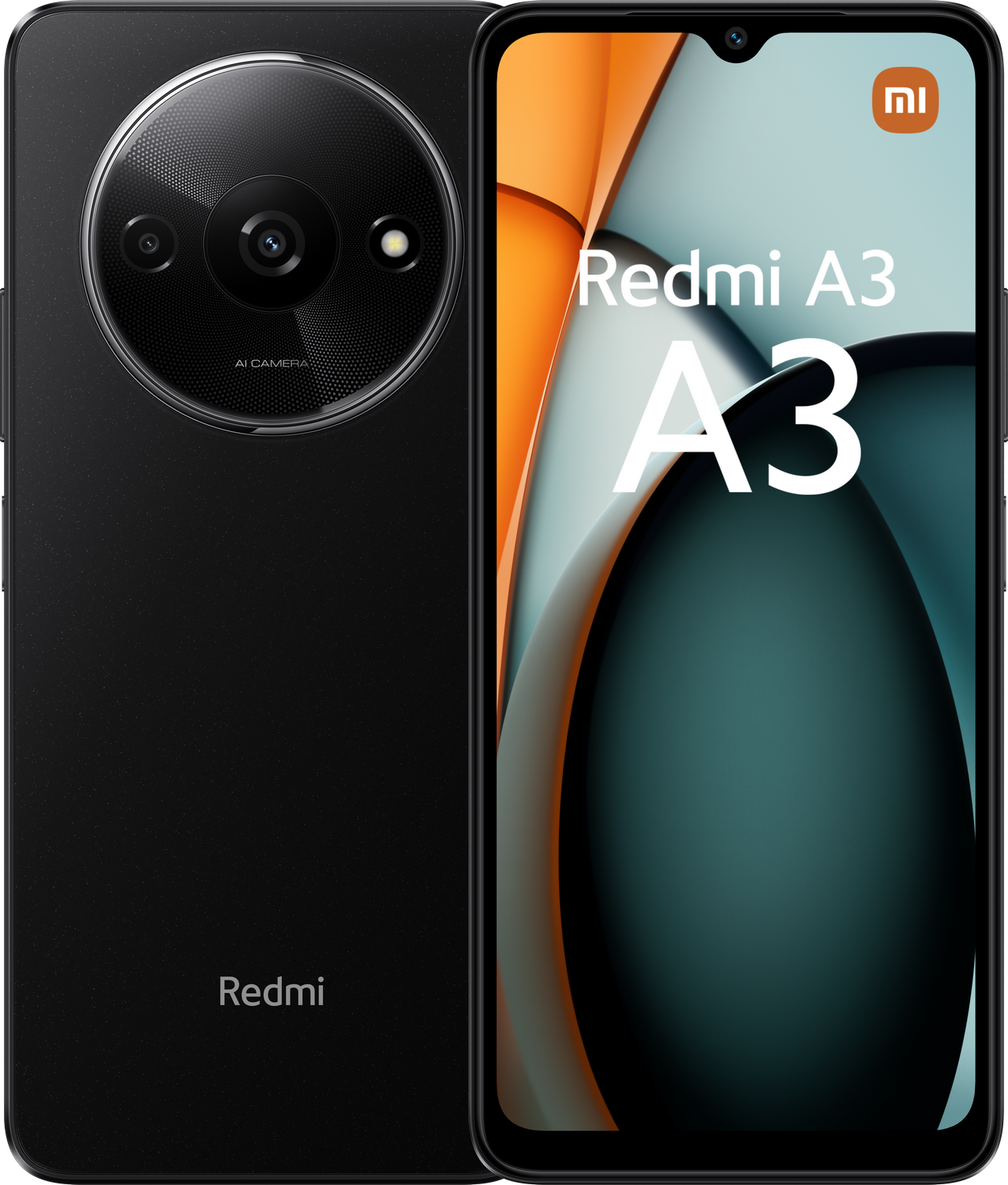 Smartphone Redmi A3, negro. El teléfono muestra vista trasera y frontal. Tres cámaras.