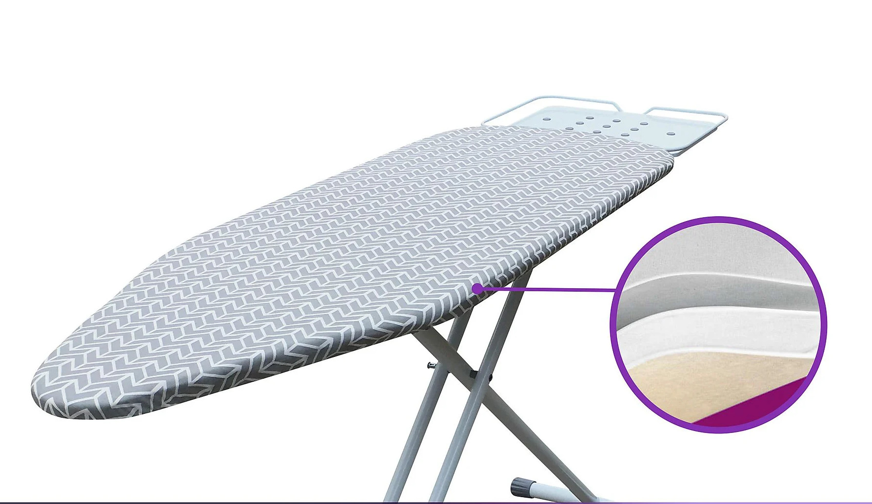 Deska do prasowania z wzorzystym pokrowcem i zbliżeniem jej warstw.