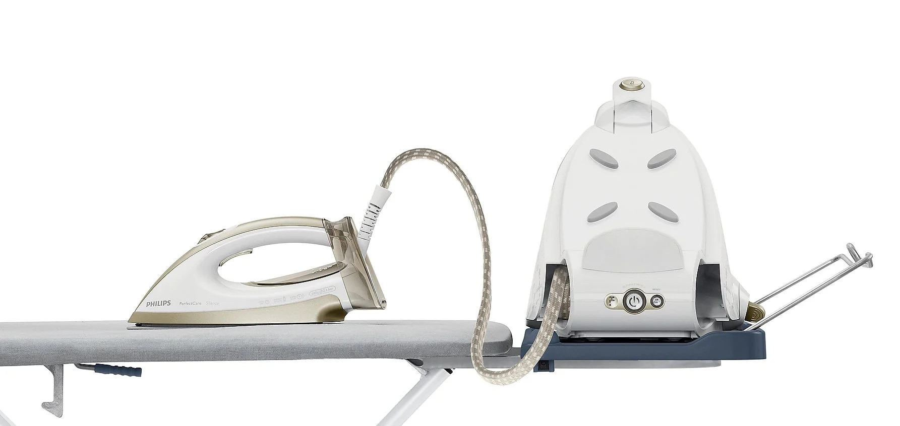Stacja do prasowania z białym żelazkiem na szarej desce do prasowania i białej podstawie.