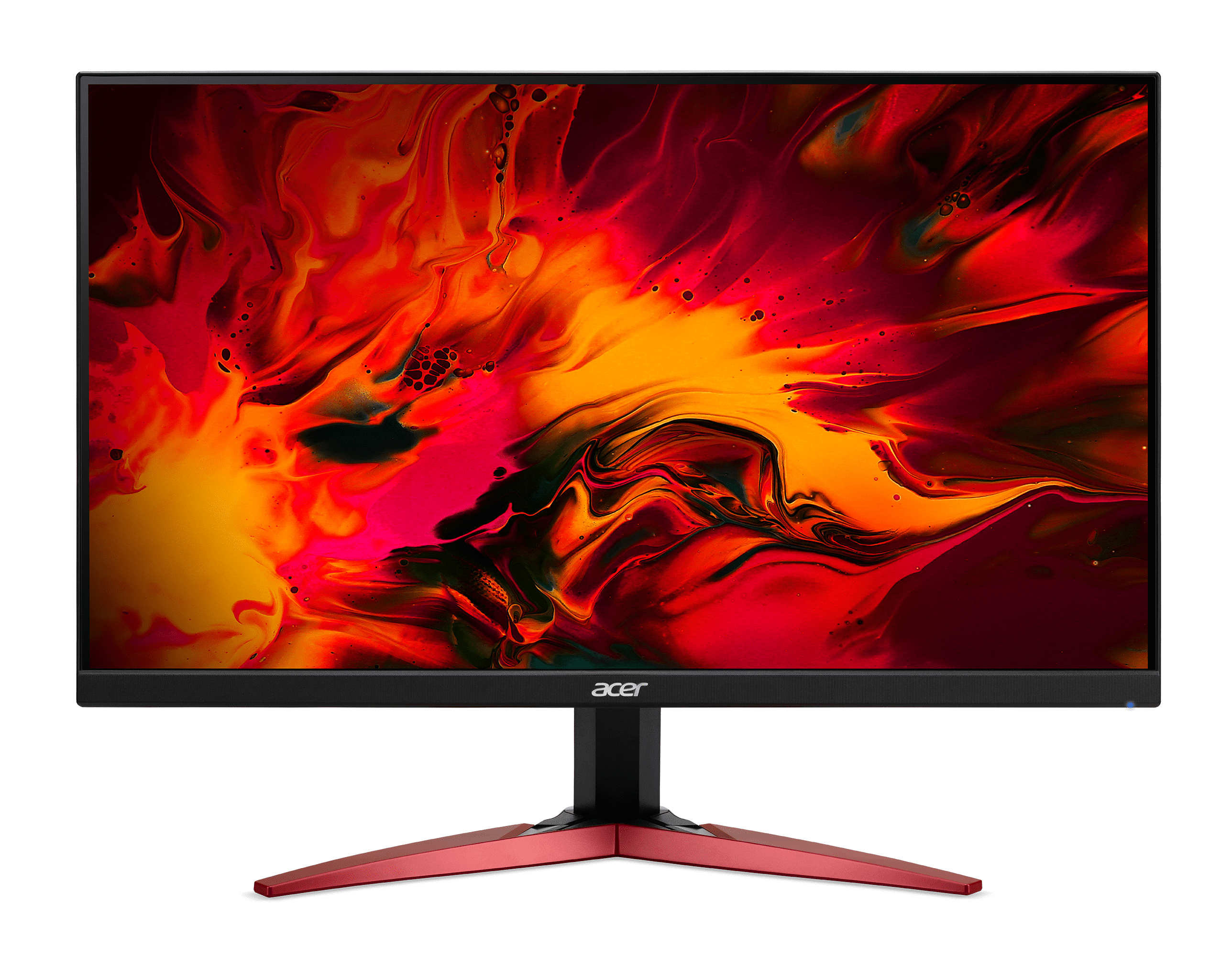 Monitor Acer con imagen abstracta ardiente, soporte rojo.