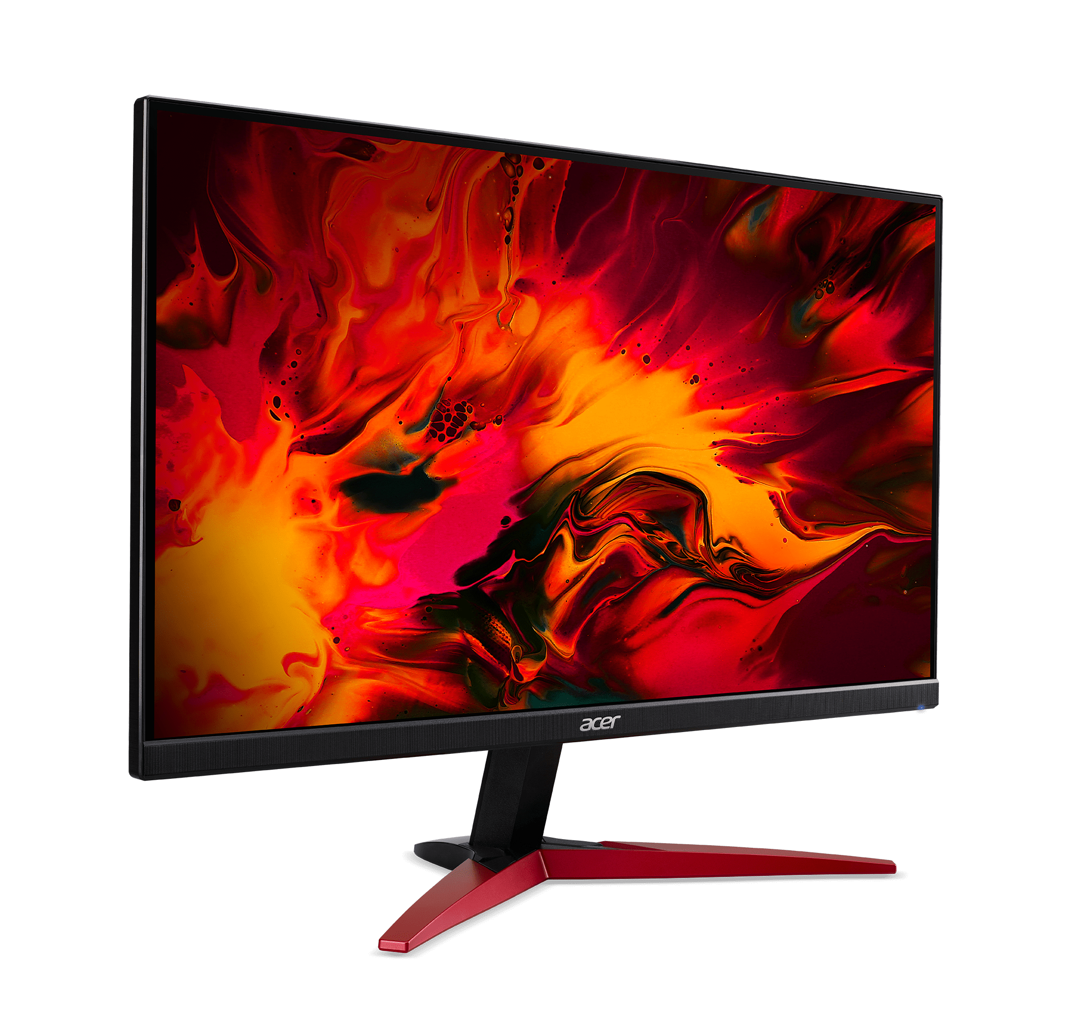 Un monitor de computadora negro con un soporte rojo. La pantalla muestra un diseño abstracto vibrante y colorido.
