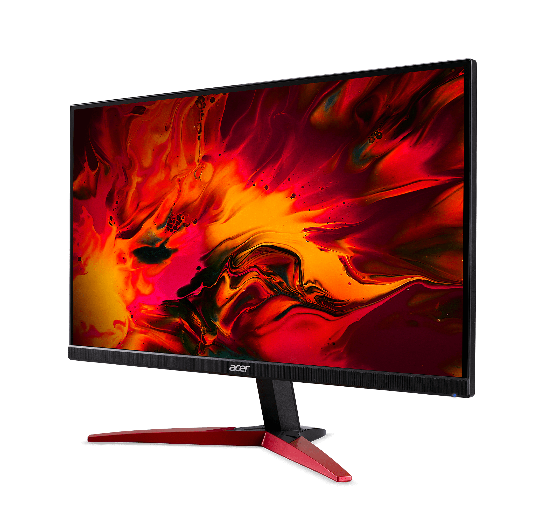 Monitor Acer, marco negro, soporte rojo y pantalla colorida.