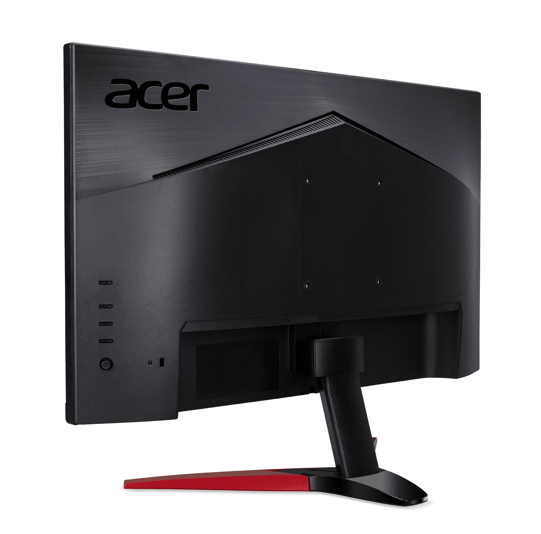 La parte trasera de un monitor Acer negro con puertos y una base roja.