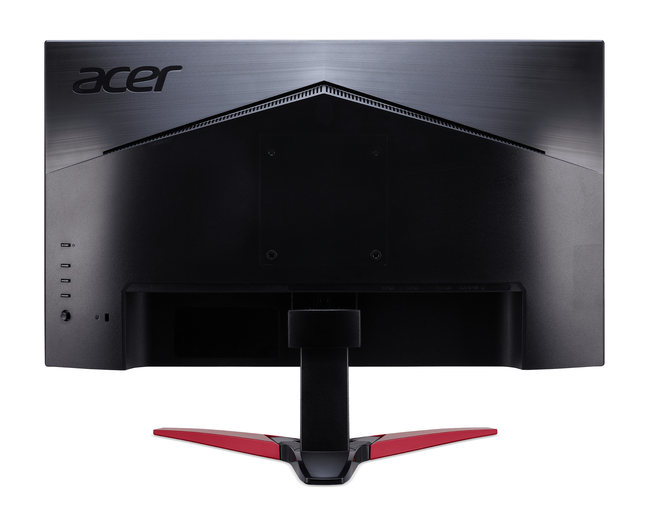 Vista trasera de un monitor Acer negro con detalles rojos en el soporte, aislado sobre fondo negro.