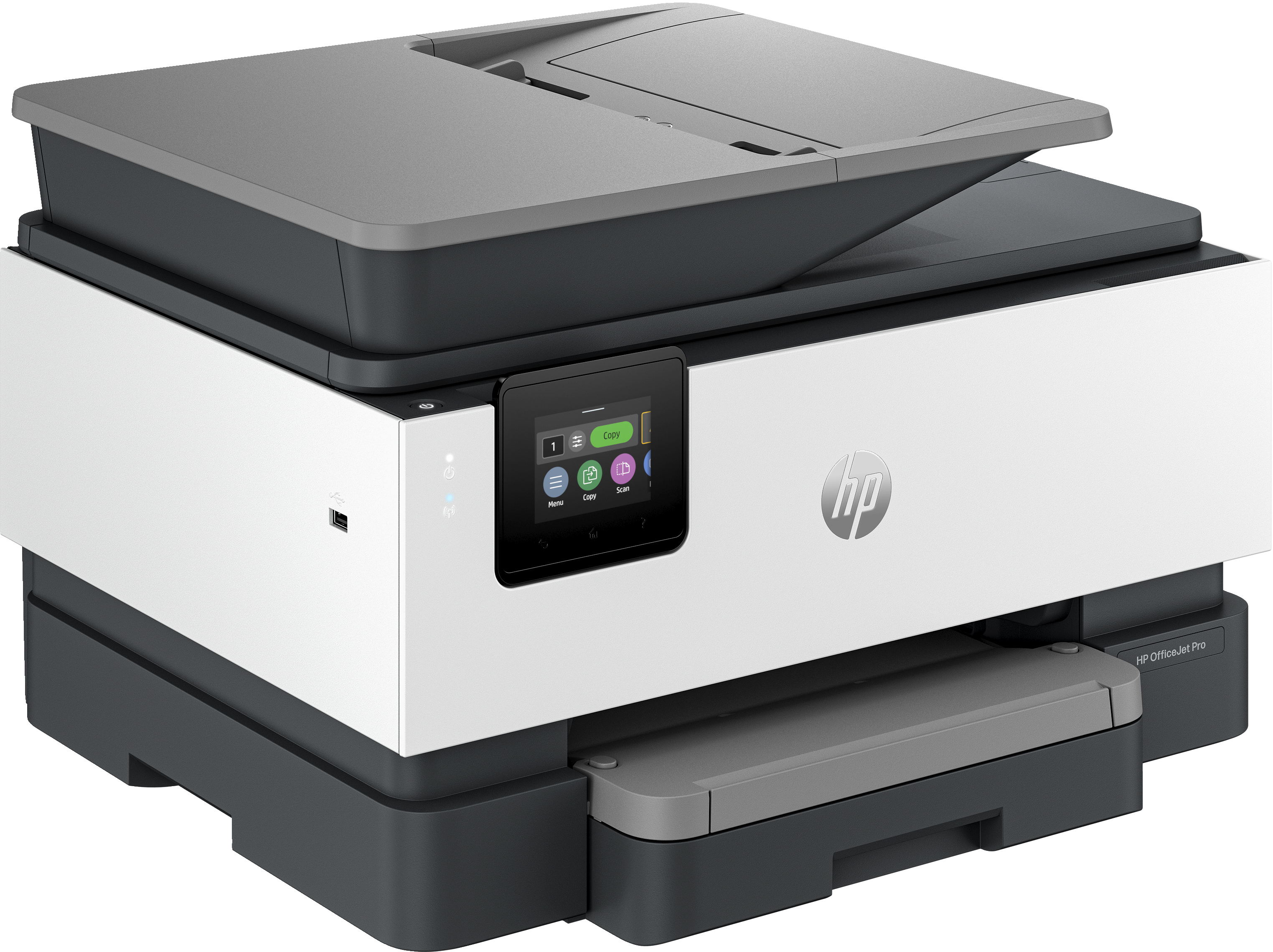 Imprimante HP OfficeJet Pro blanche et grise avec écran tactile. Les boutons copier, numériser et imprimer sont visibles.