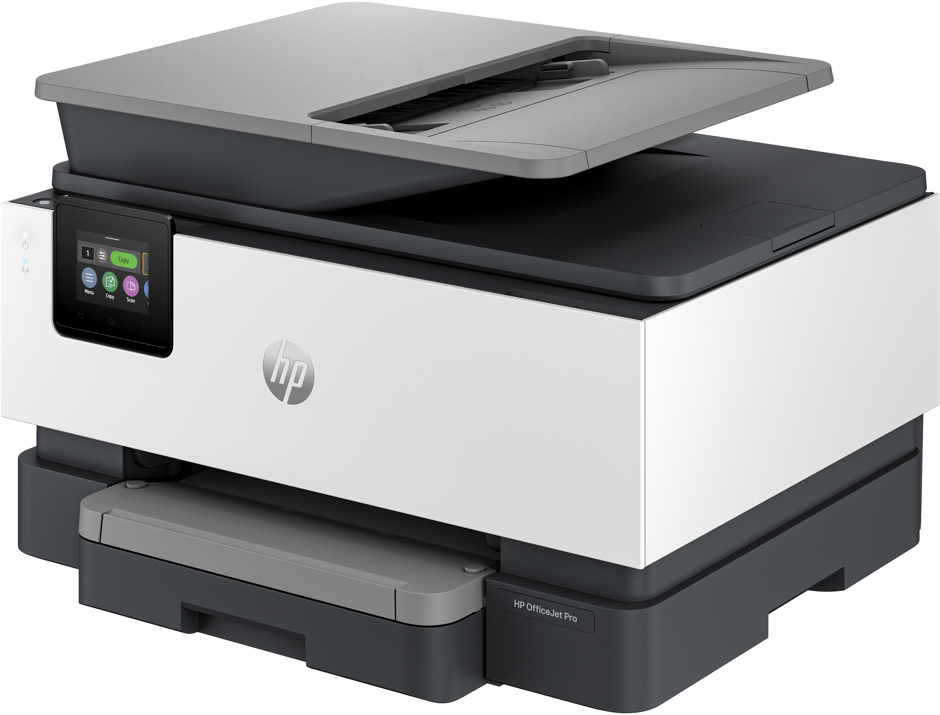 Une imprimante HP avec écran tactile, scanner et bac à papier ouvert. Le design est blanc et gris.