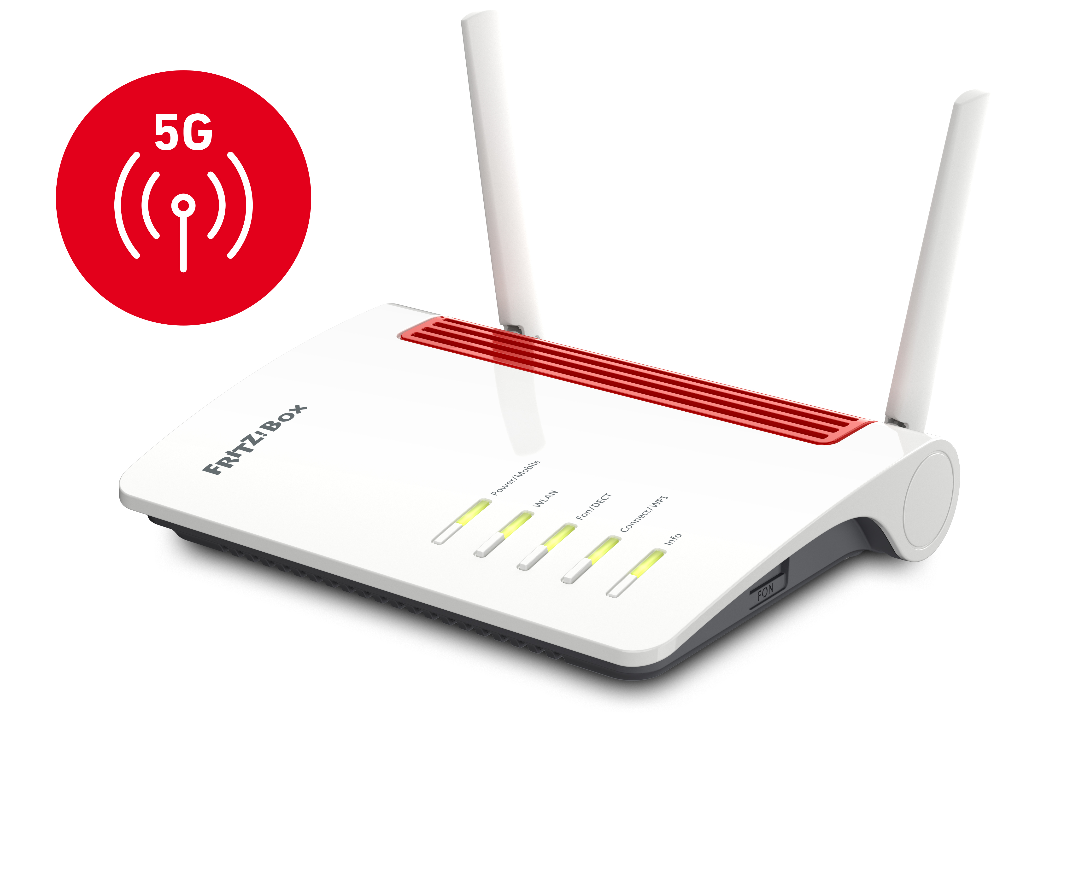 Weißer und roter 5G-Router mit Antennen. 5G-Logo in einem roten Kreis.