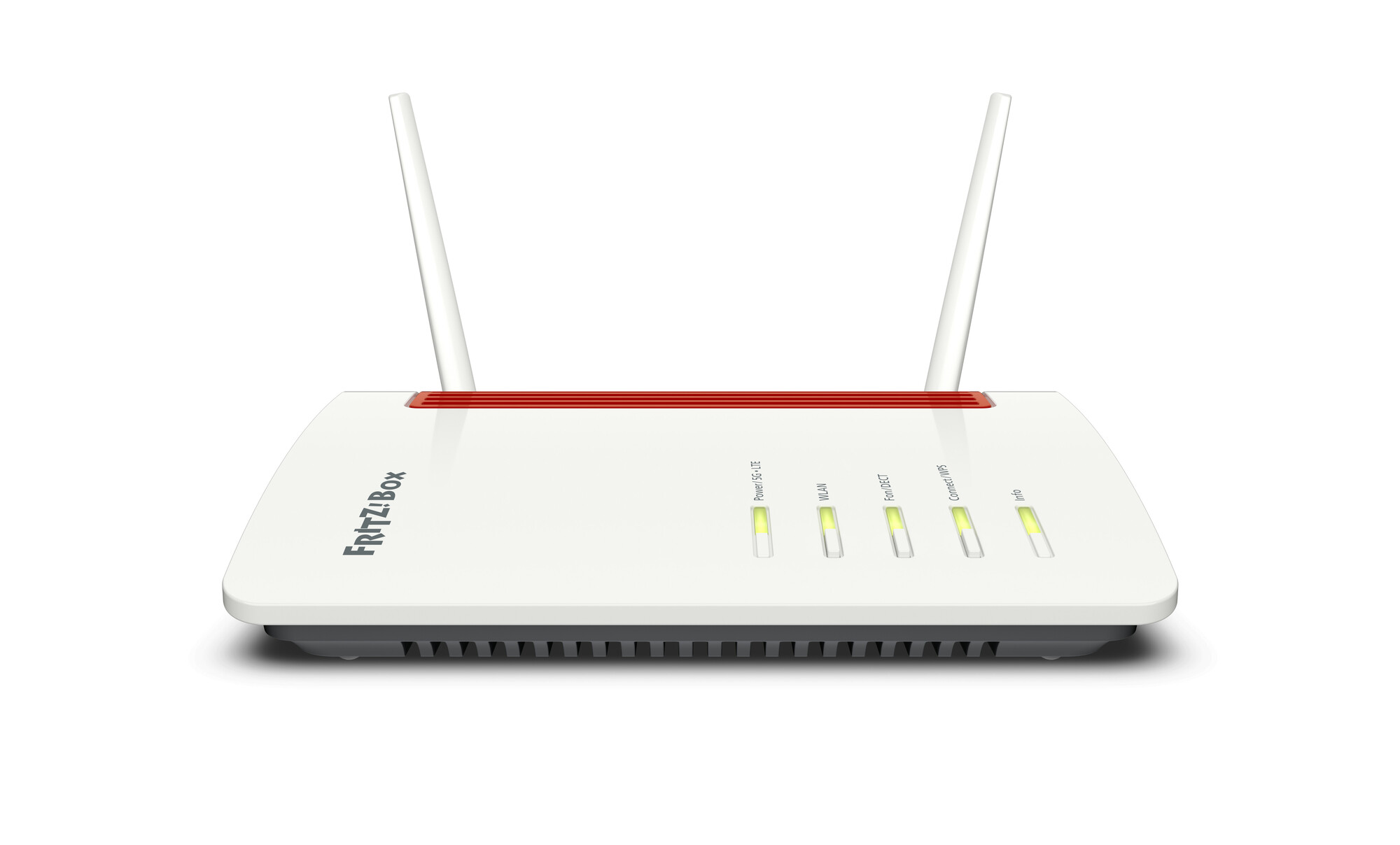 Weißer Router mit Antennen. Roter Streifen oben. Mehrere grüne Lichter sind sichtbar.