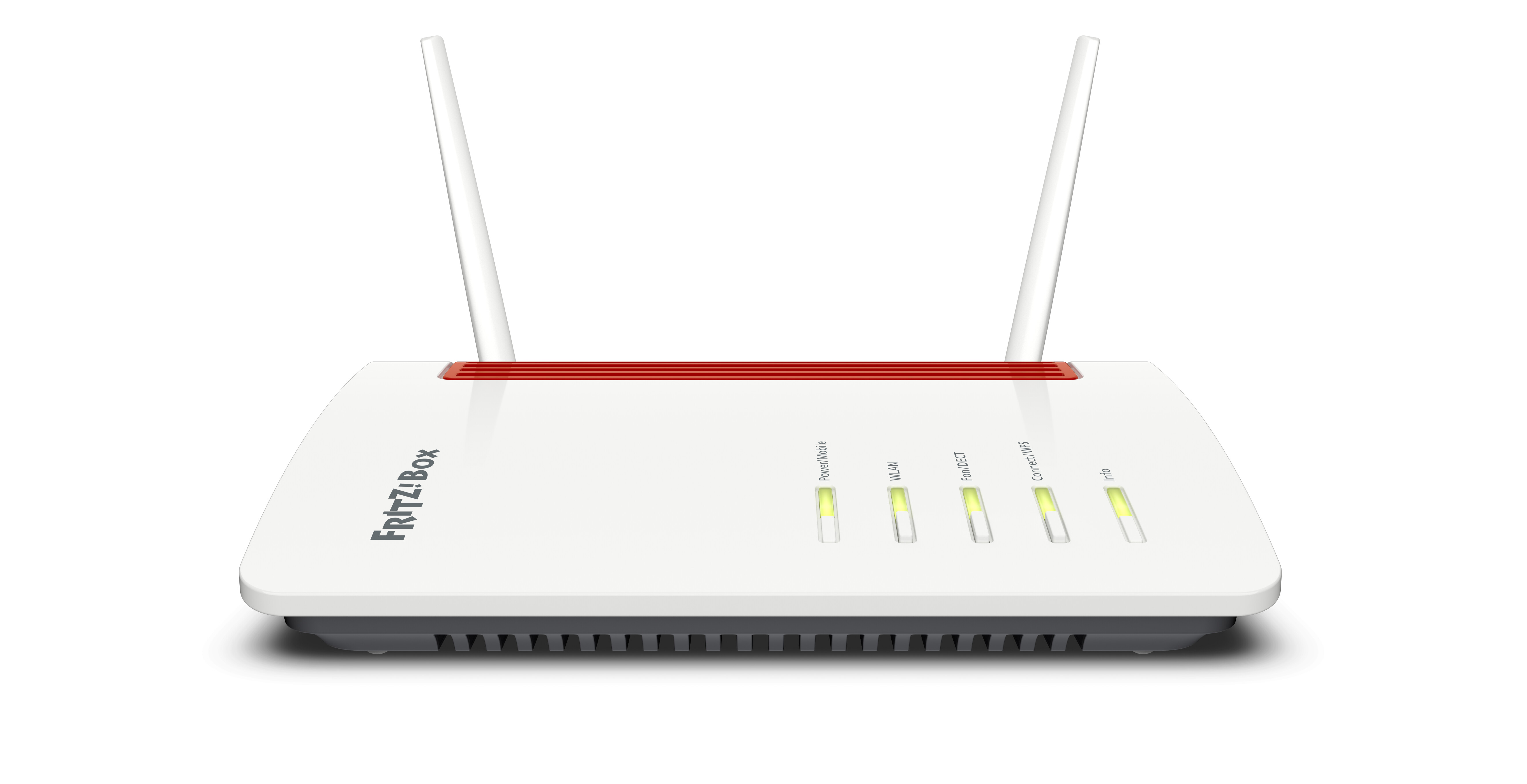 Weißer Router mit roten Akzenten und zwei Antennen; Lichter zeigen den Status an.