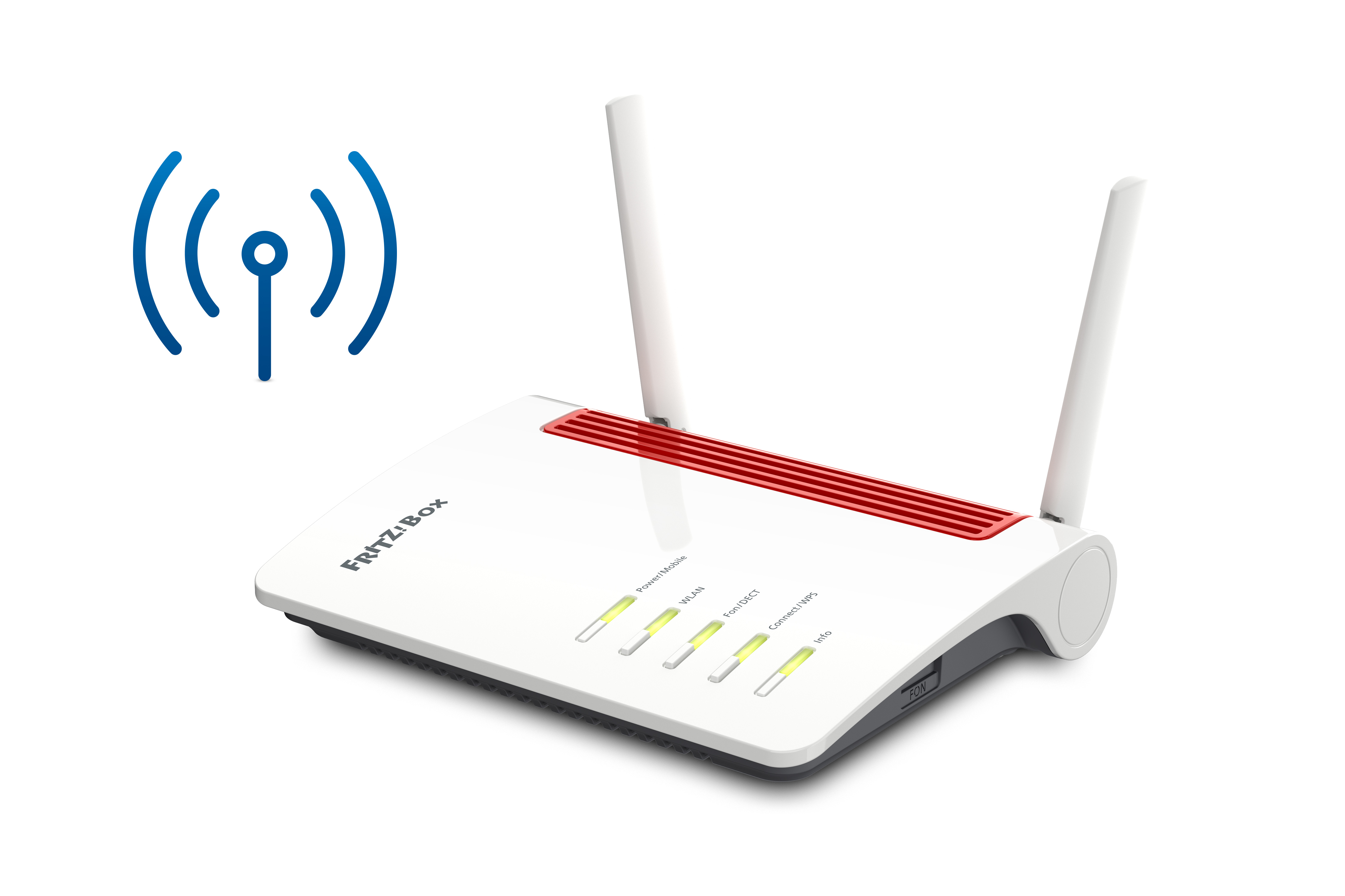 Weißer Router mit zwei Antennen, rotem Akzent und WLAN-Symbol auf weißem Hintergrund.