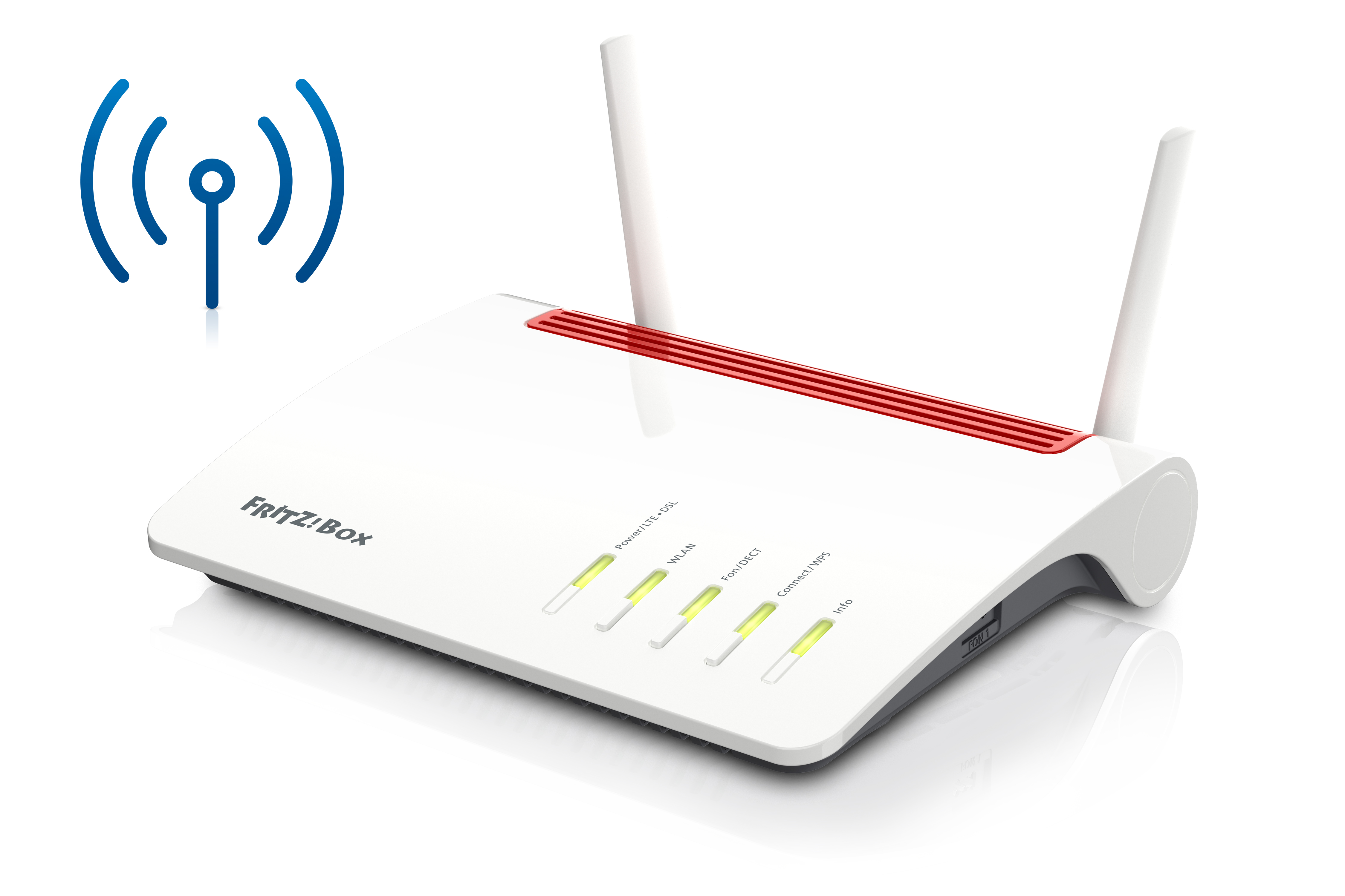 Weißer und roter Router mit Antennen, blaues WLAN-Symbol links.