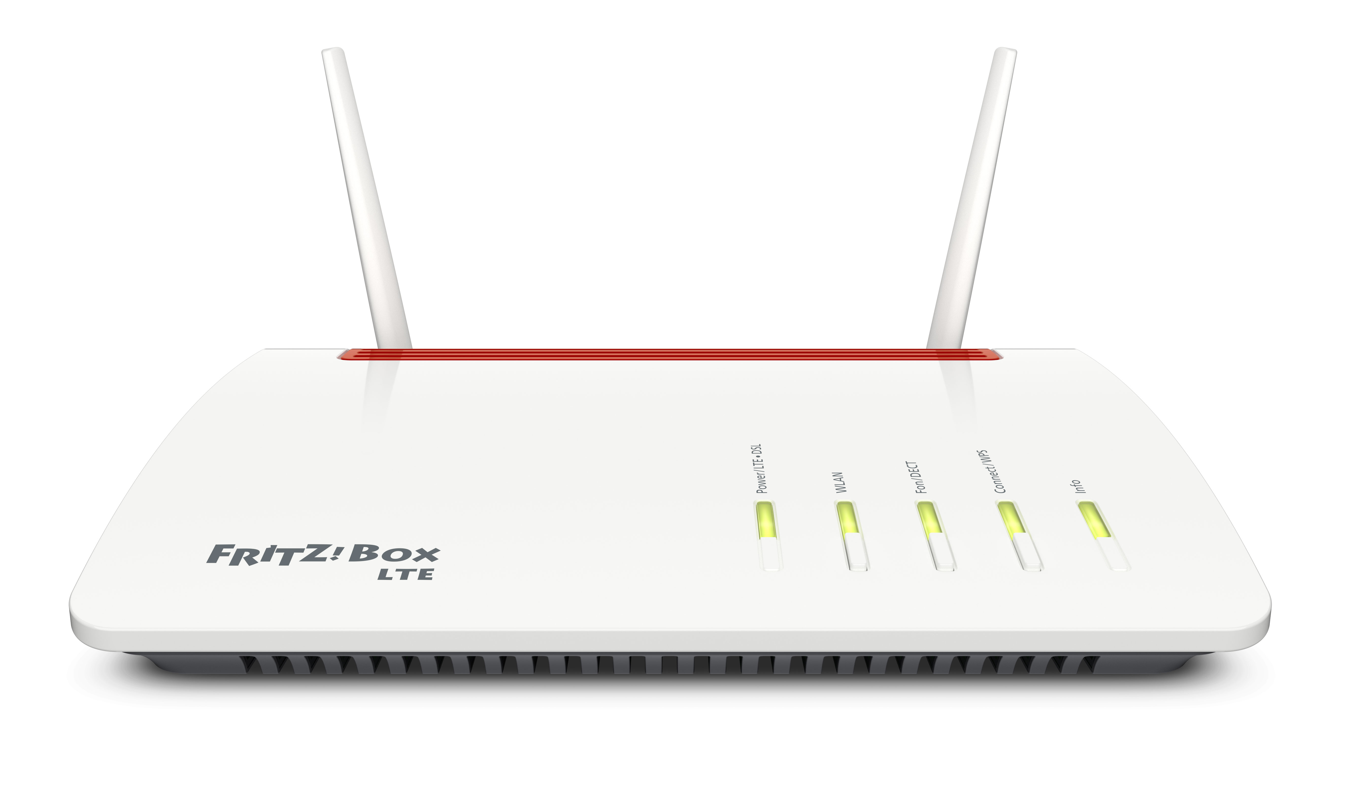 Weißer Router mit zwei Antennen und Lichtern.