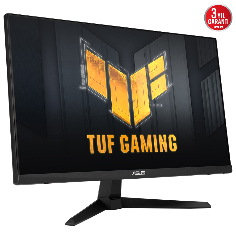 TUF GAMING logosu olan siyah oyun monitörü. Siyah bir stand üzerinde duruyor.