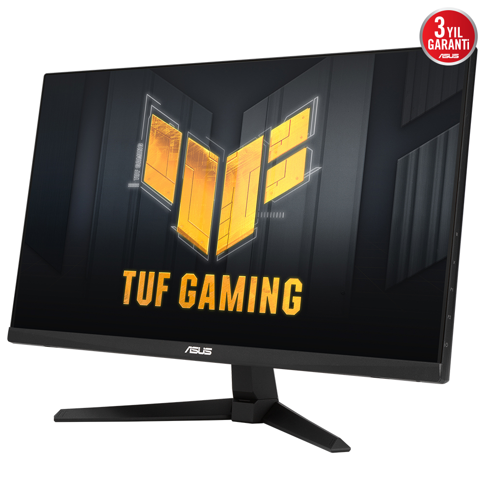 Siyah çerçeveli bir ASUS TUF Gaming monitörü, siyah bir ekranda sarı bir logo gösteriyor.