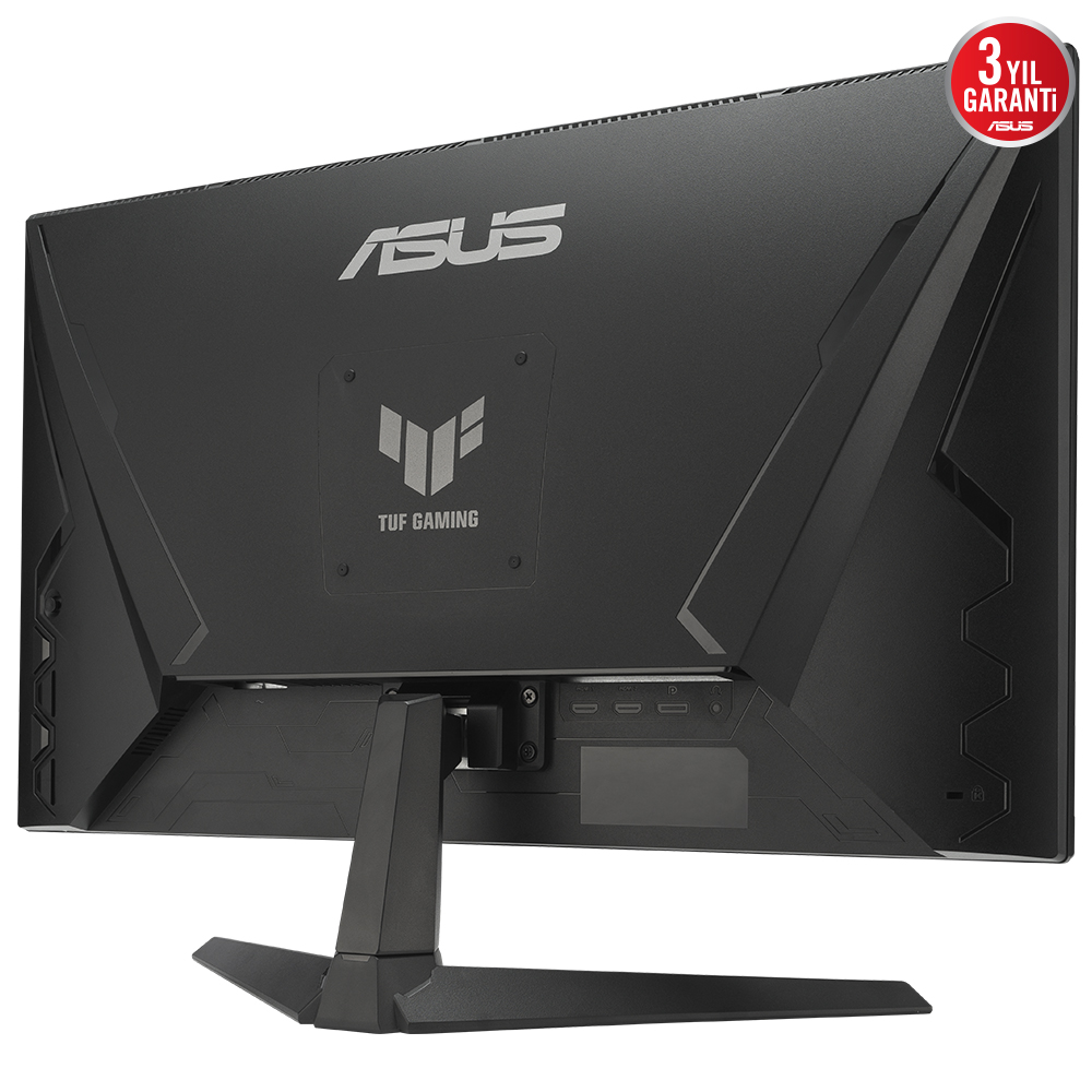Siyah bir oyun monitörünün arkadan görünümü, standlı. ASUS ve TUF Gaming logolarını ve bağlantı noktalarını gösterir.
