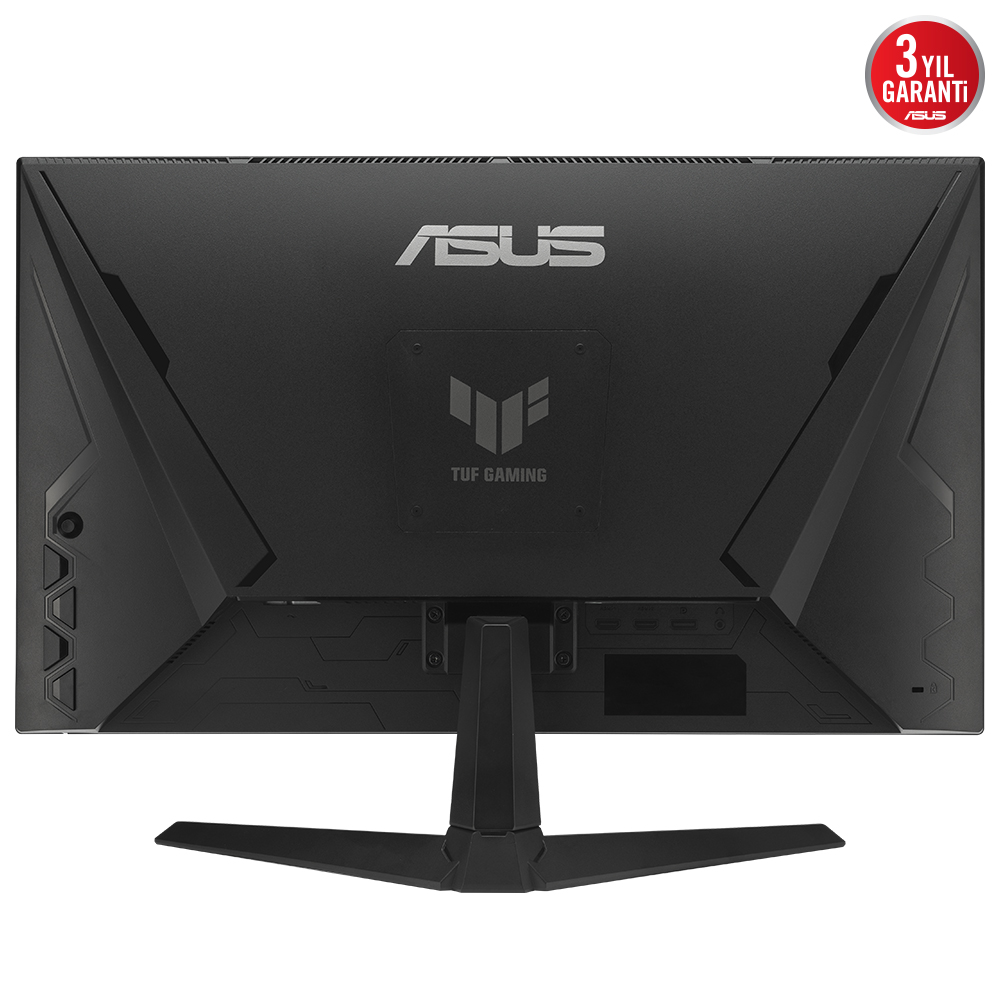 Siyah ASUS TUF Gaming monitörün arka görünümü. ASUS ve TUF Gaming logoları ve bir stand bulunur.