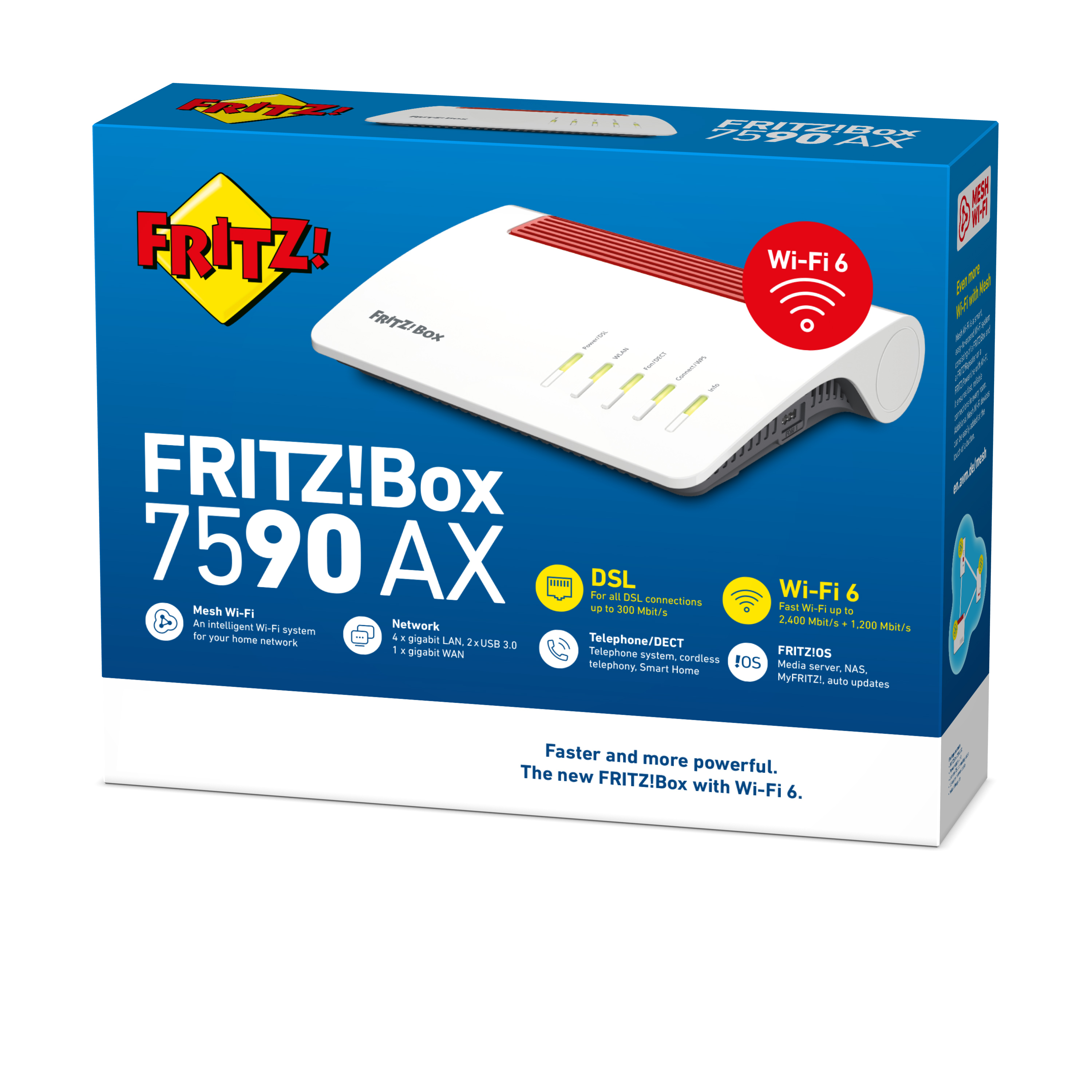 Karton des FRITZ!Box 7590 AX Routers. Enthält Wi-Fi 6 und weitere Funktionen.