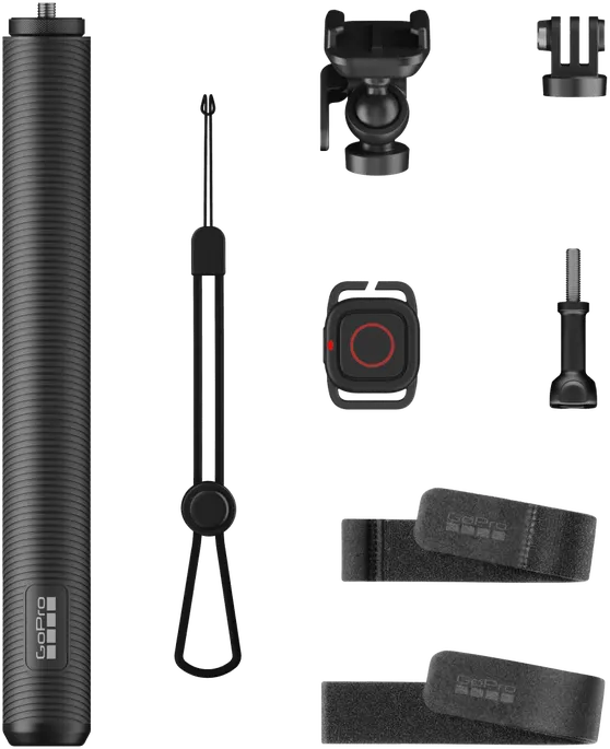 A GoPro készlet tartalmaz egy kézi markolatot, csuklópántot, távirányítót és rögzítő tartozékokat.