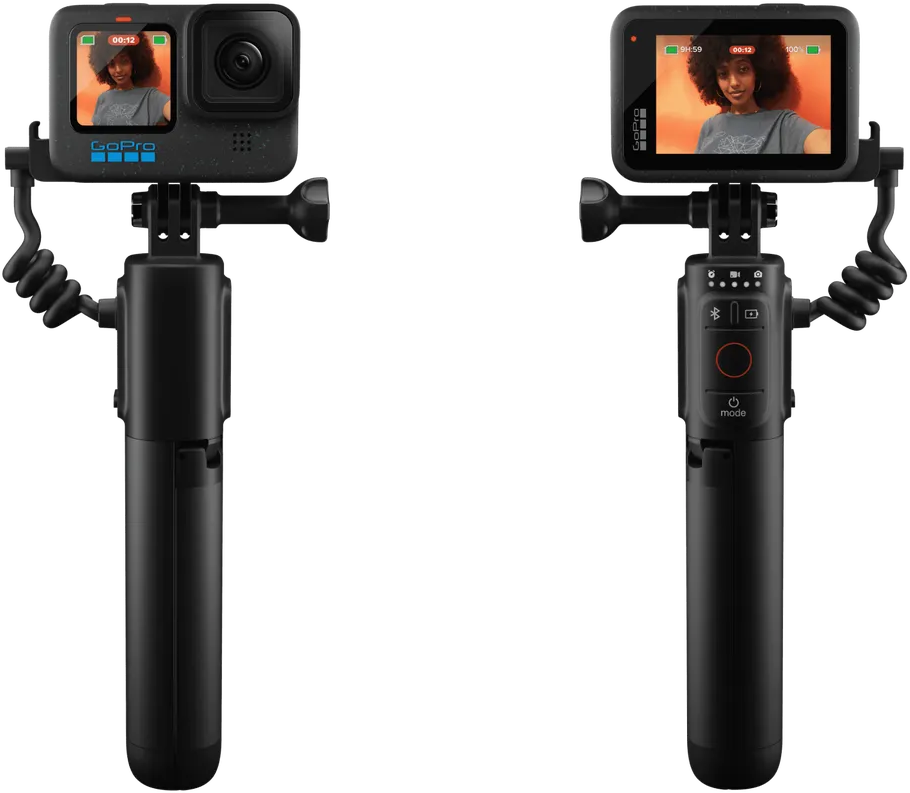 Két GoPro kamera fogantyúkkal, elülső és hátsó nézetben.