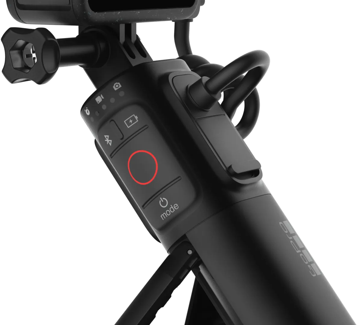 Fekete GoPro fogantyú piros gombbal és üzemmód gombbal, kis állvánnyal.