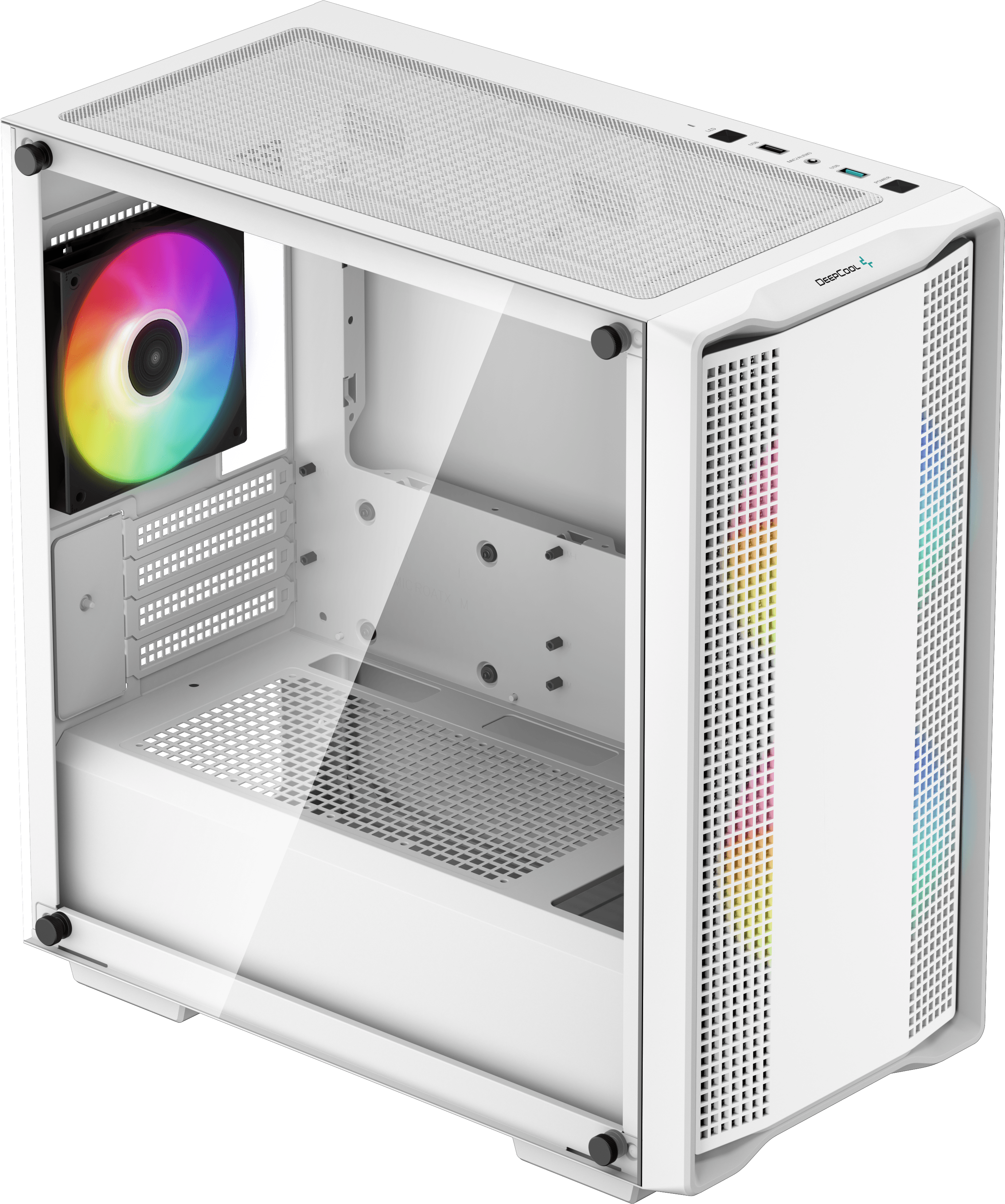 Fehér számítógép ház üveg oldallappal, RGB ventillátorral és LED szalagokkal, nyitott belső.