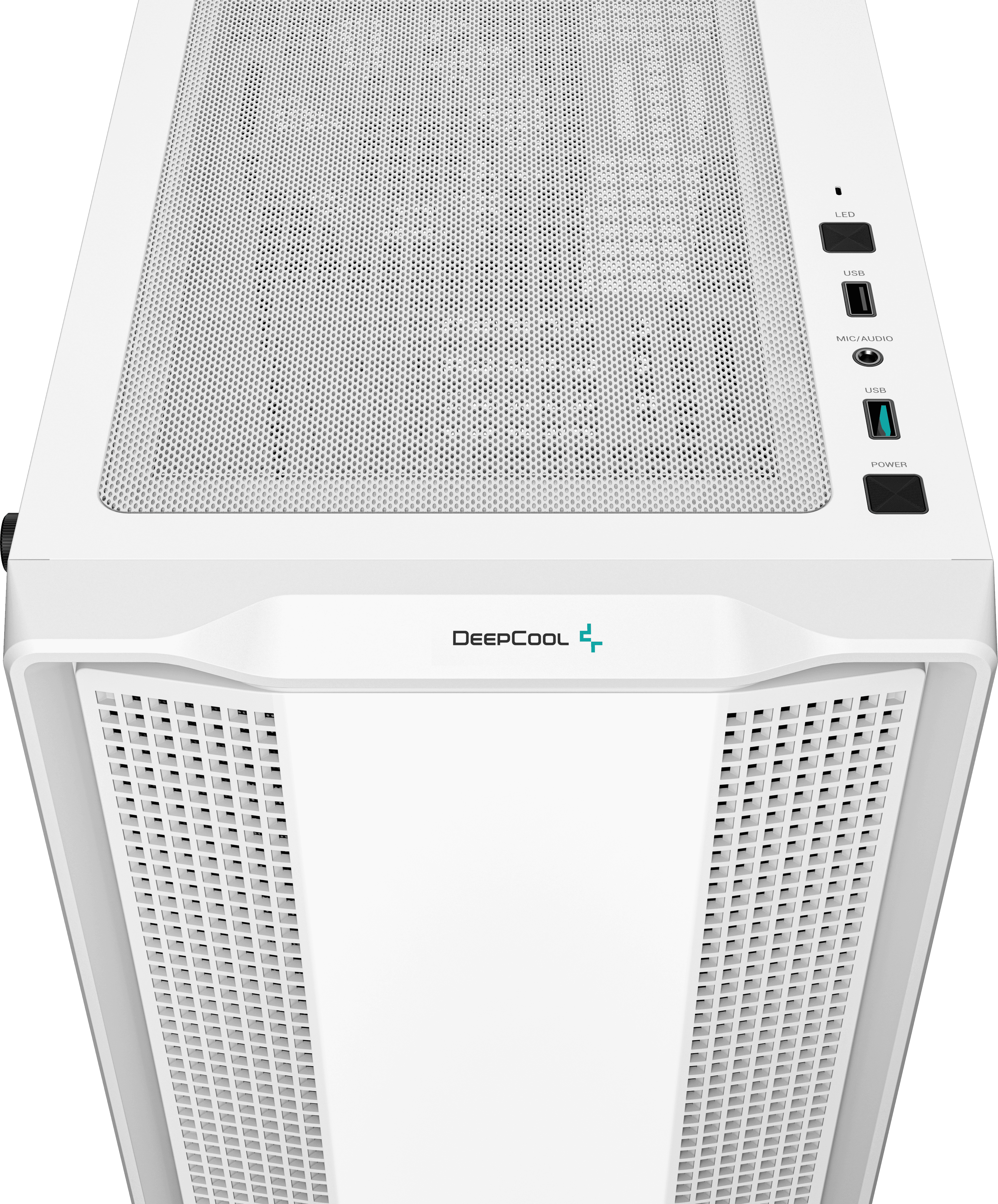 Fehér DeepCool számítógépház hálós előlappal és bekapcsológombokkal.