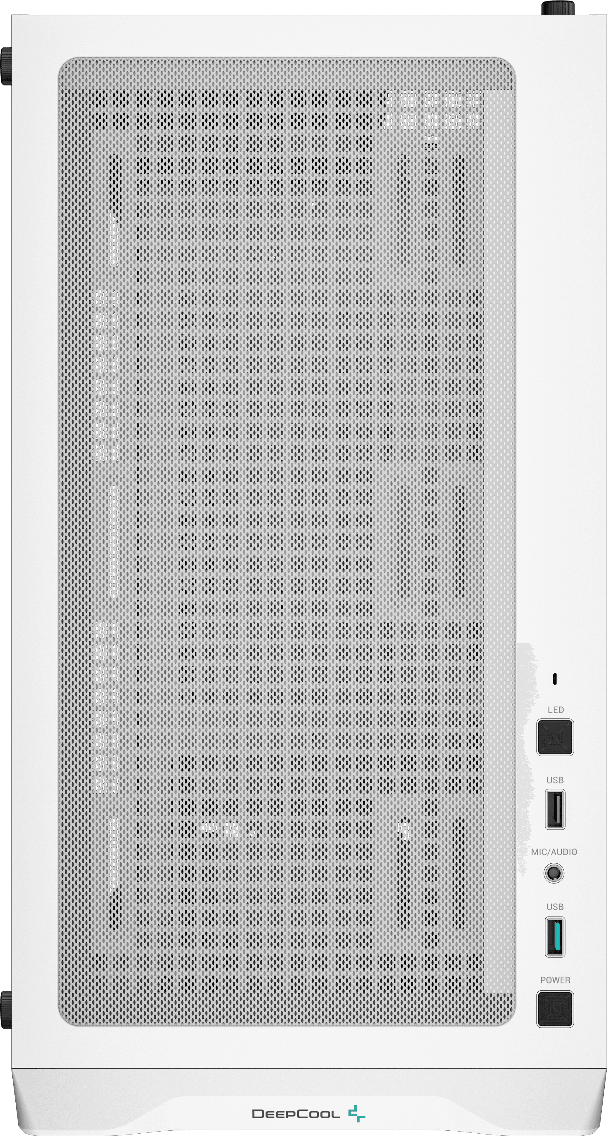 Egy fehér számítógépház perforált előlappal és oldalsó portokkal.