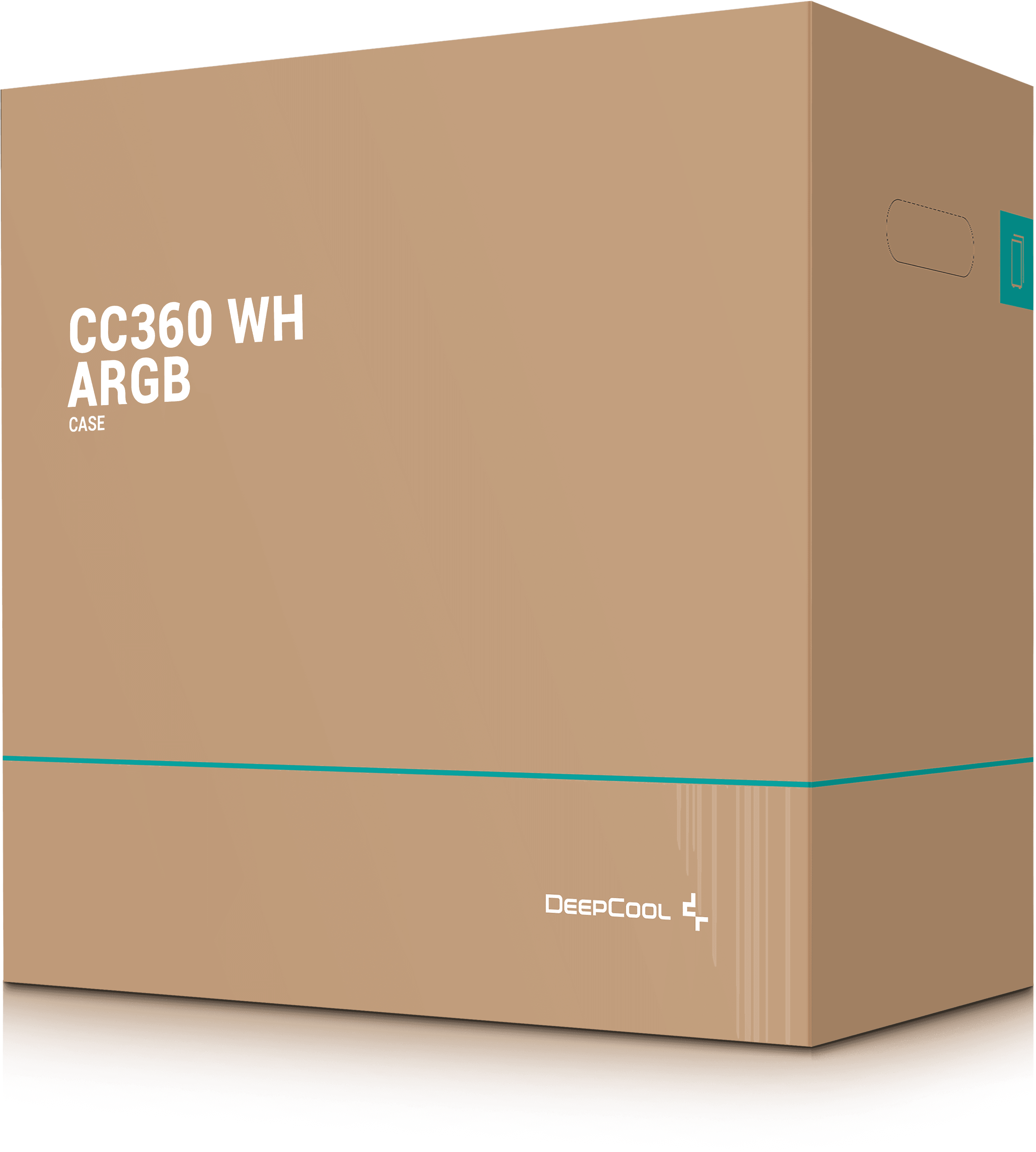 Barna kartondoboz, 'CC360 WH ARGB CASE' felirattal, türkiz vonallal.