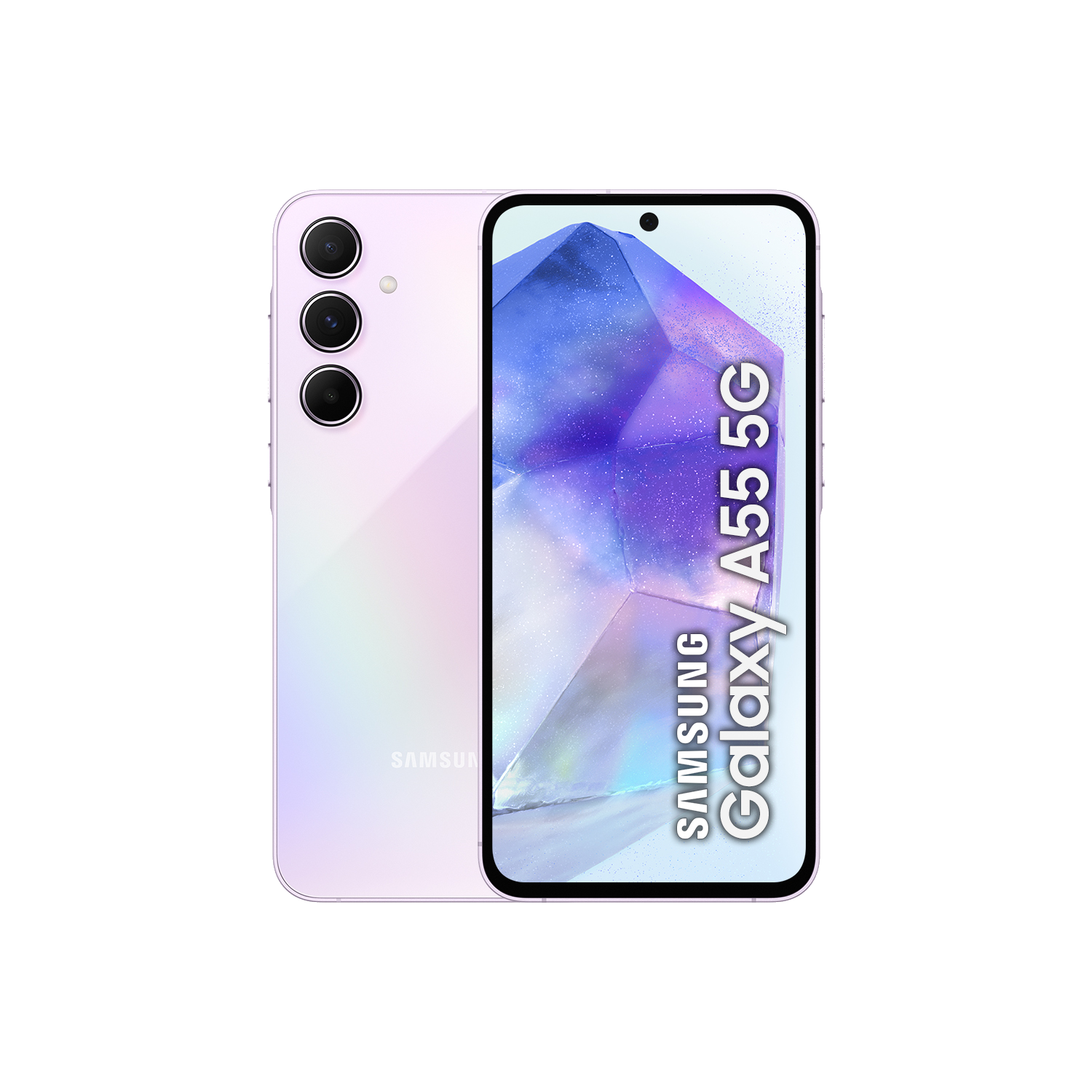 Un teléfono Samsung Galaxy A55 5G rosa, con la parte trasera y la pantalla visibles.