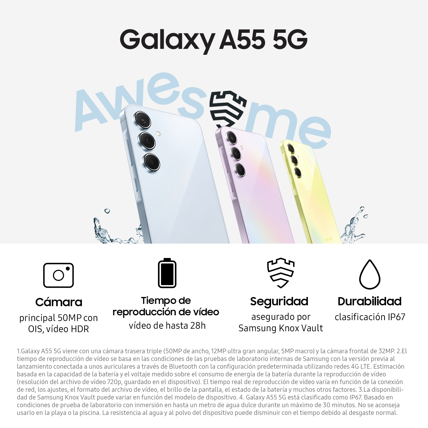 Anuncio Samsung Galaxy A55 5G con imágenes del teléfono y características clave, cámara y vídeo.