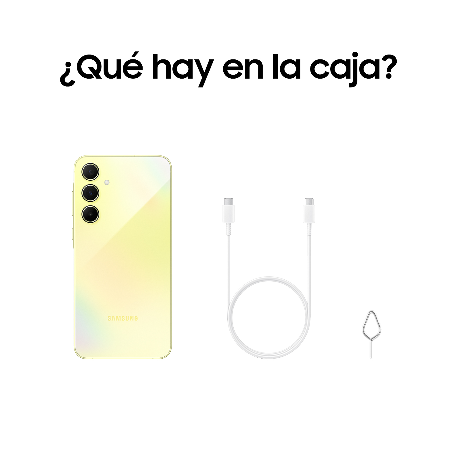 Un teléfono amarillo, un cable, un alfiler y las palabras "¿Qué hay en la caja?".