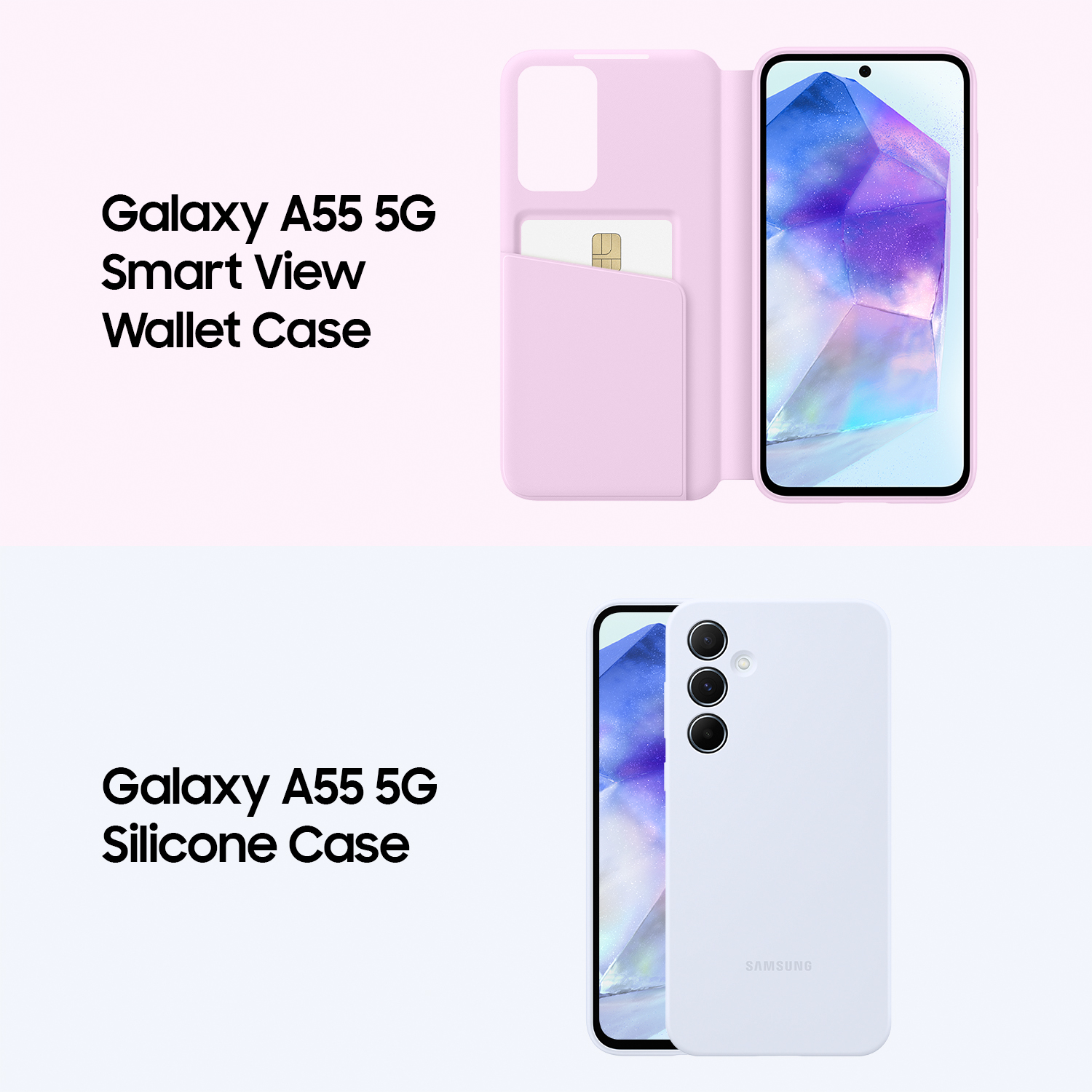 Dos fundas de teléfono: estilo cartera rosa y trasera lila claro.
