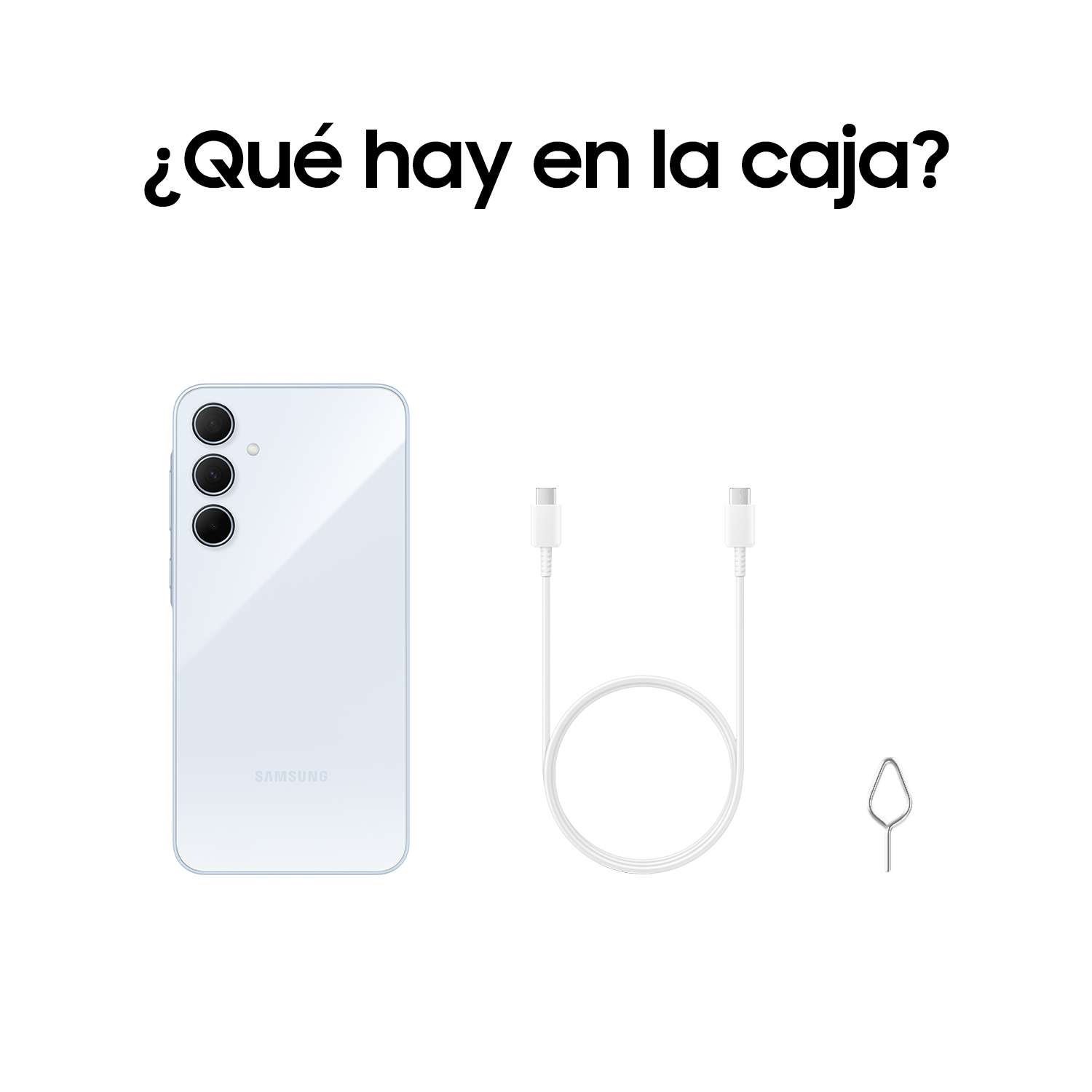 ¿Qué hay en la caja? Teléfono Samsung, cable de carga y herramienta de expulsión SIM.