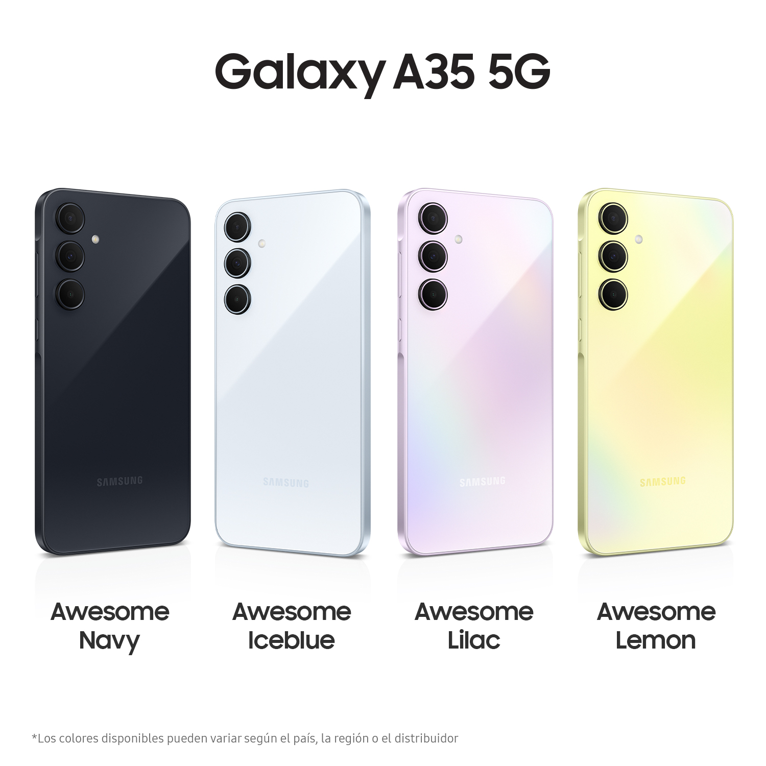 Cuatro teléfonos Samsung Galaxy A35 5G en diferentes colores.