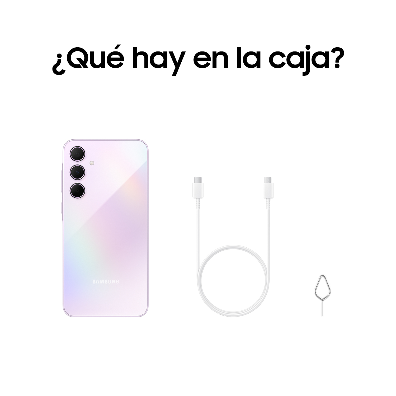 Teléfono, cargador y pin en caja, fondo blanco, con texto en español.