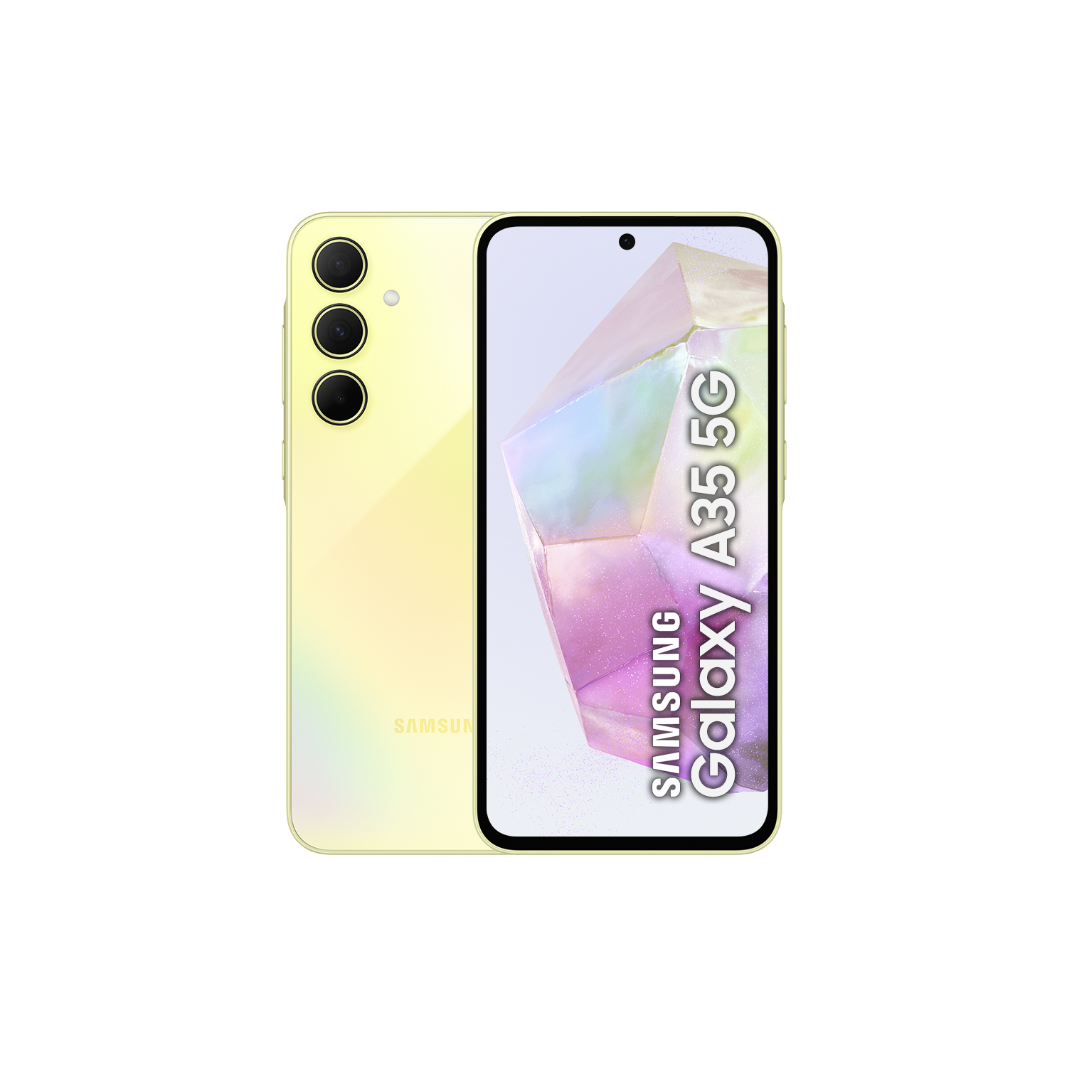 Teléfono amarillo Samsung Galaxy A35 5G. Tres cámaras traseras, pantalla muestra el nombre.