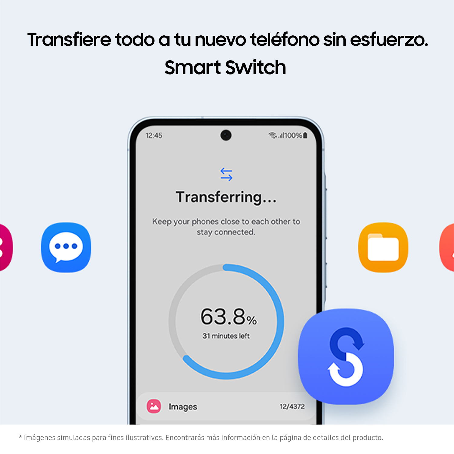 Pantalla de smartphone mostrando el progreso de transferencia de datos. Varios iconos de aplicaciones son visibles.