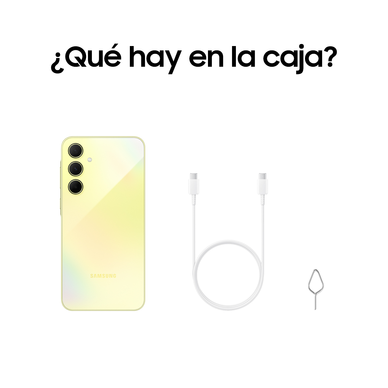 ¿Qué hay en la caja? Teléfono Samsung, cable de carga y herramienta de expulsión SIM.