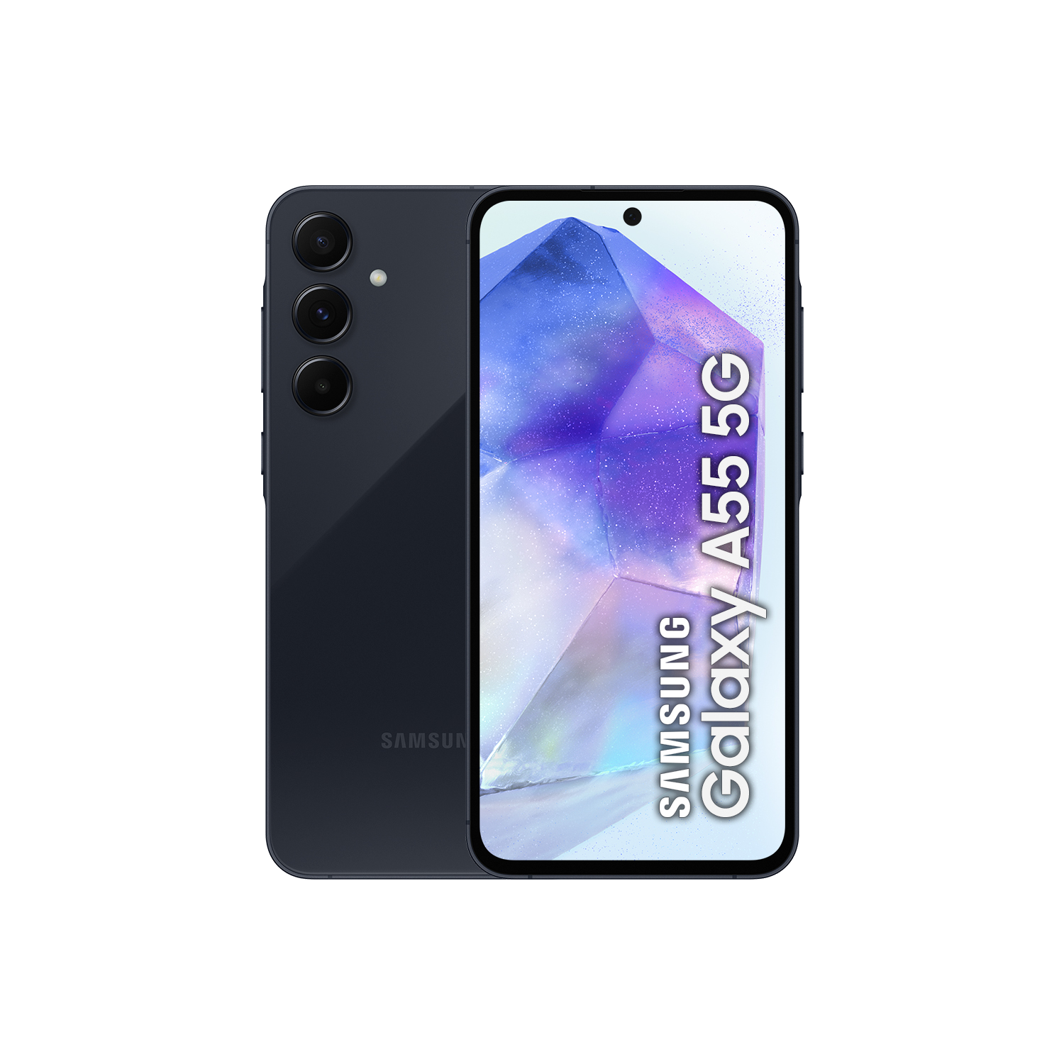 Un teléfono Samsung Galaxy A55 5G gris oscuro. Muestra la parte trasera y la pantalla. Fondo negro.