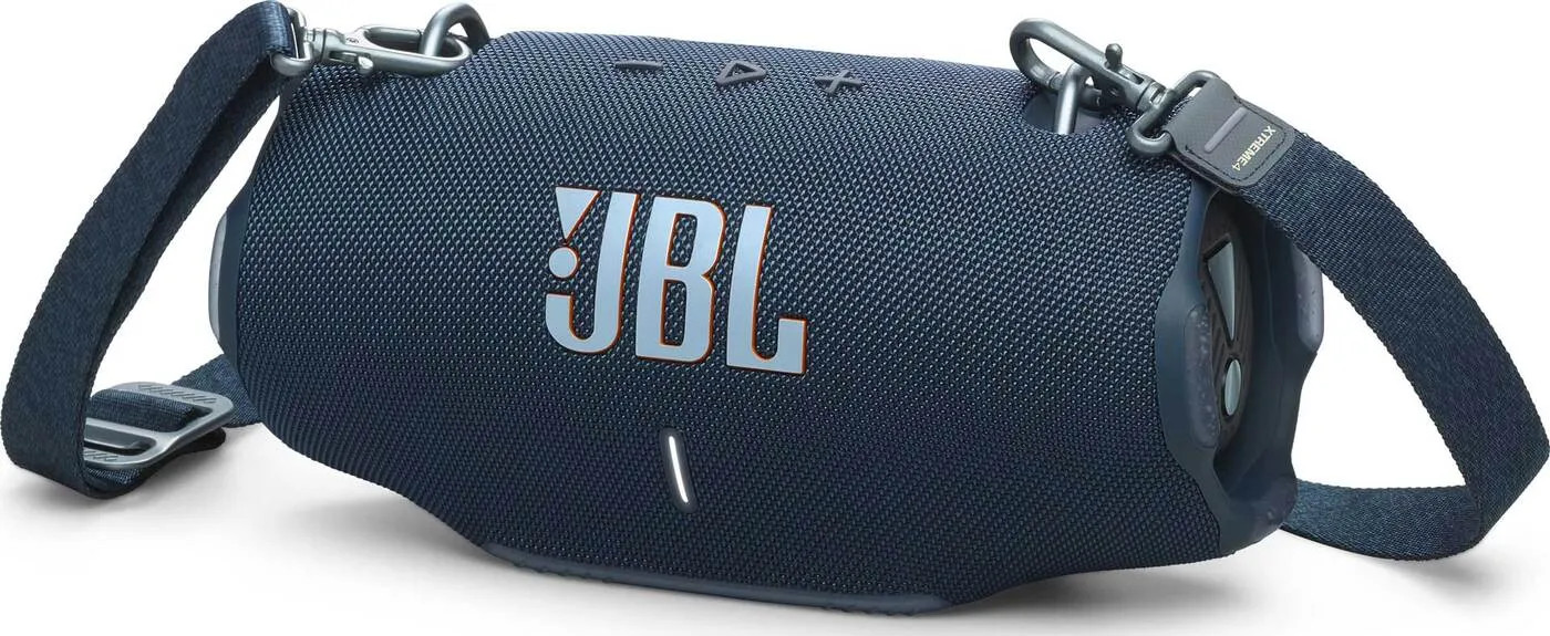 Ciemnoniebieski głośnik JBL z paskiem na ramię, logo JBL i metalowymi detalami.