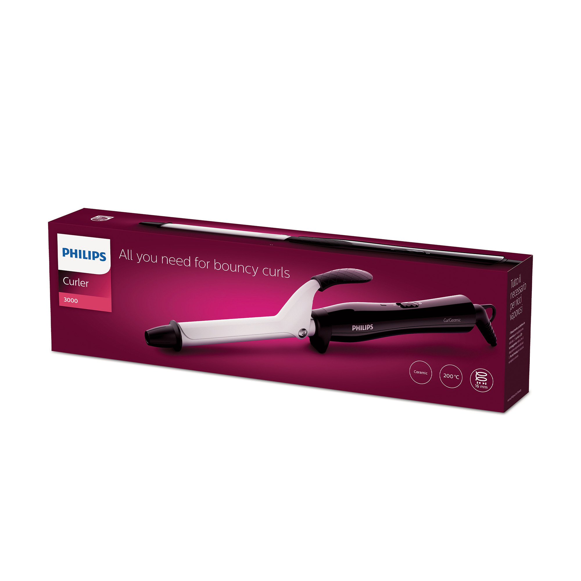 Pudełko lokówki Philips z tekstem. Czarno-biała lokówka w pudełku. Różowy akcent.