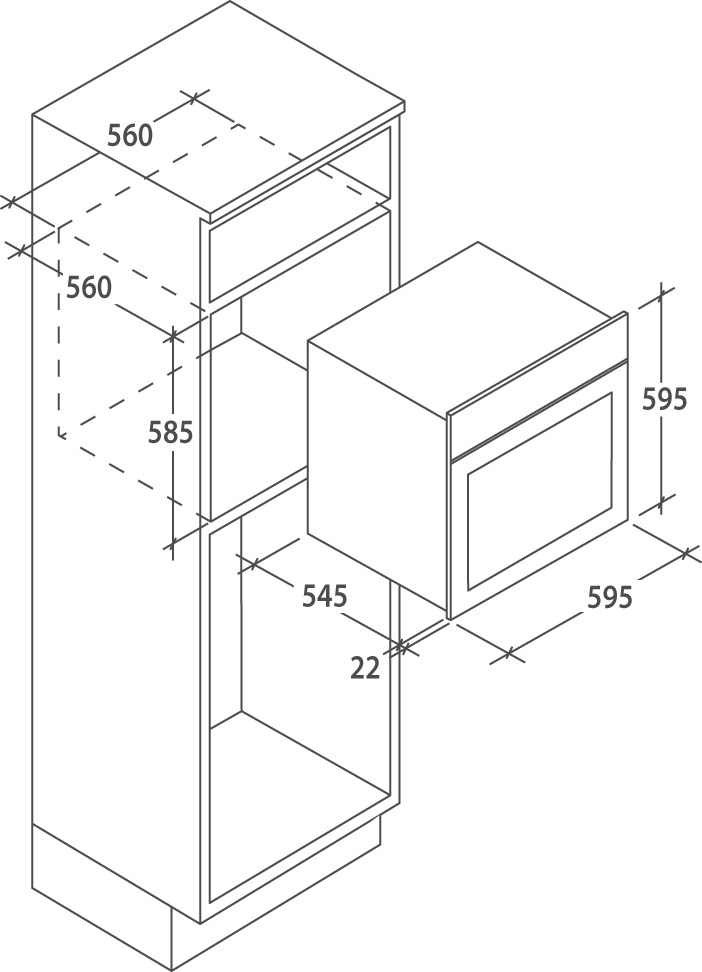 Beépített sütő és szekrény diagramja méretekkel.