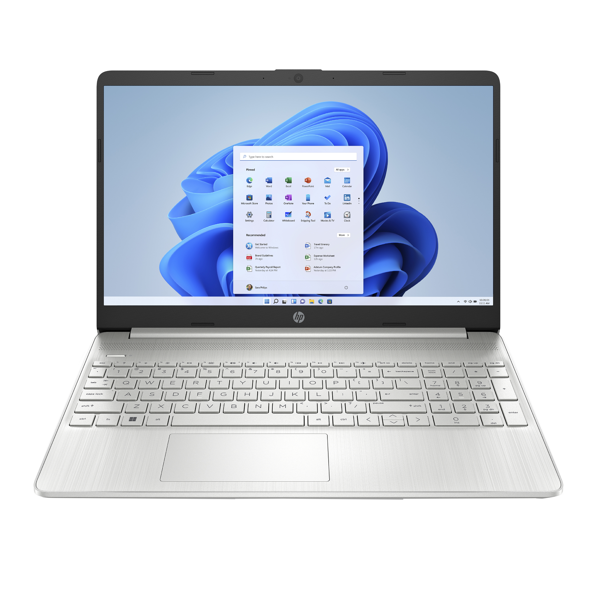 Ordenador portátil abierto. La pantalla muestra una interfaz de Windows con iconos de aplicaciones.