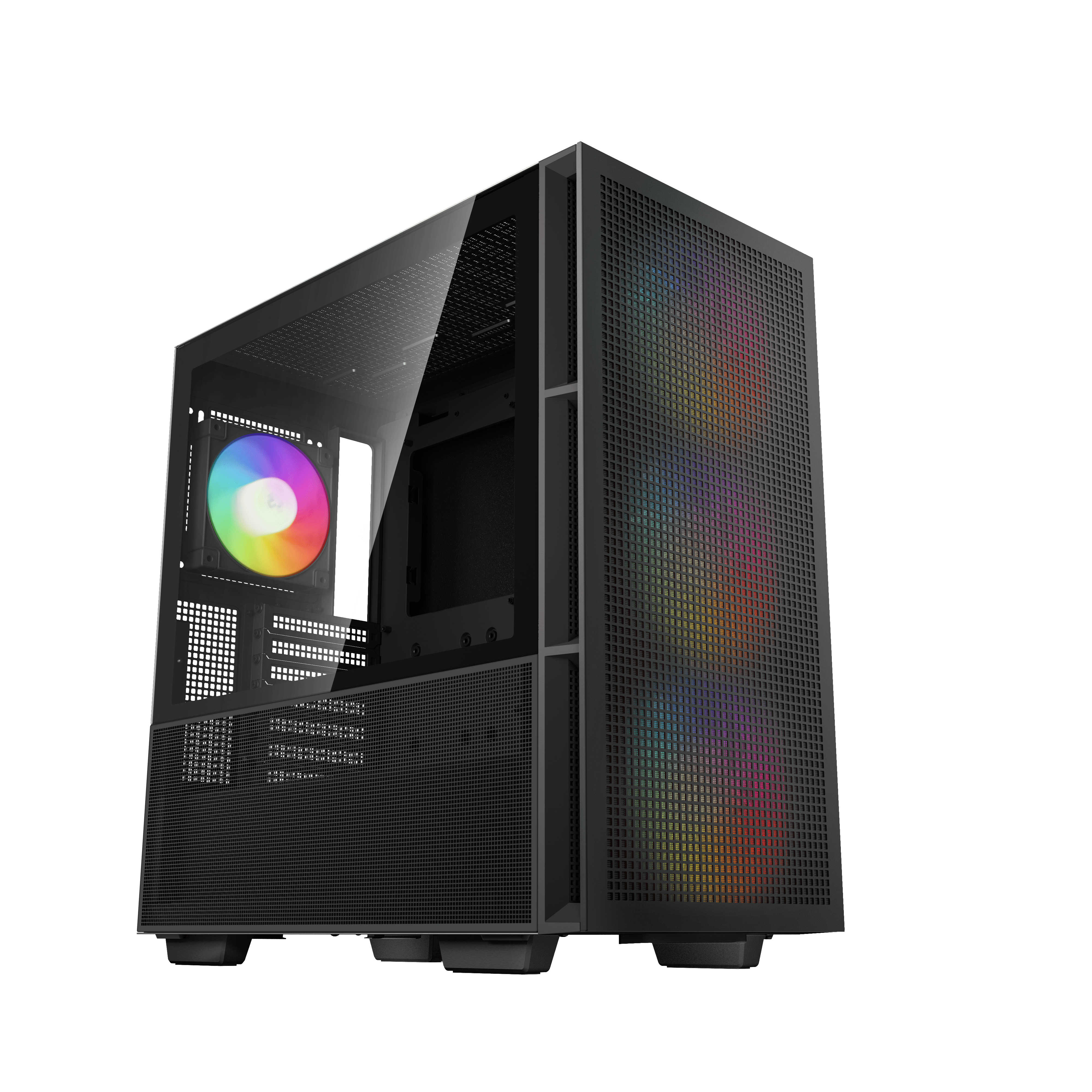 Fekete gamer PC ház üveg oldallappal és RGB ventilátorral. Fekete háttér.