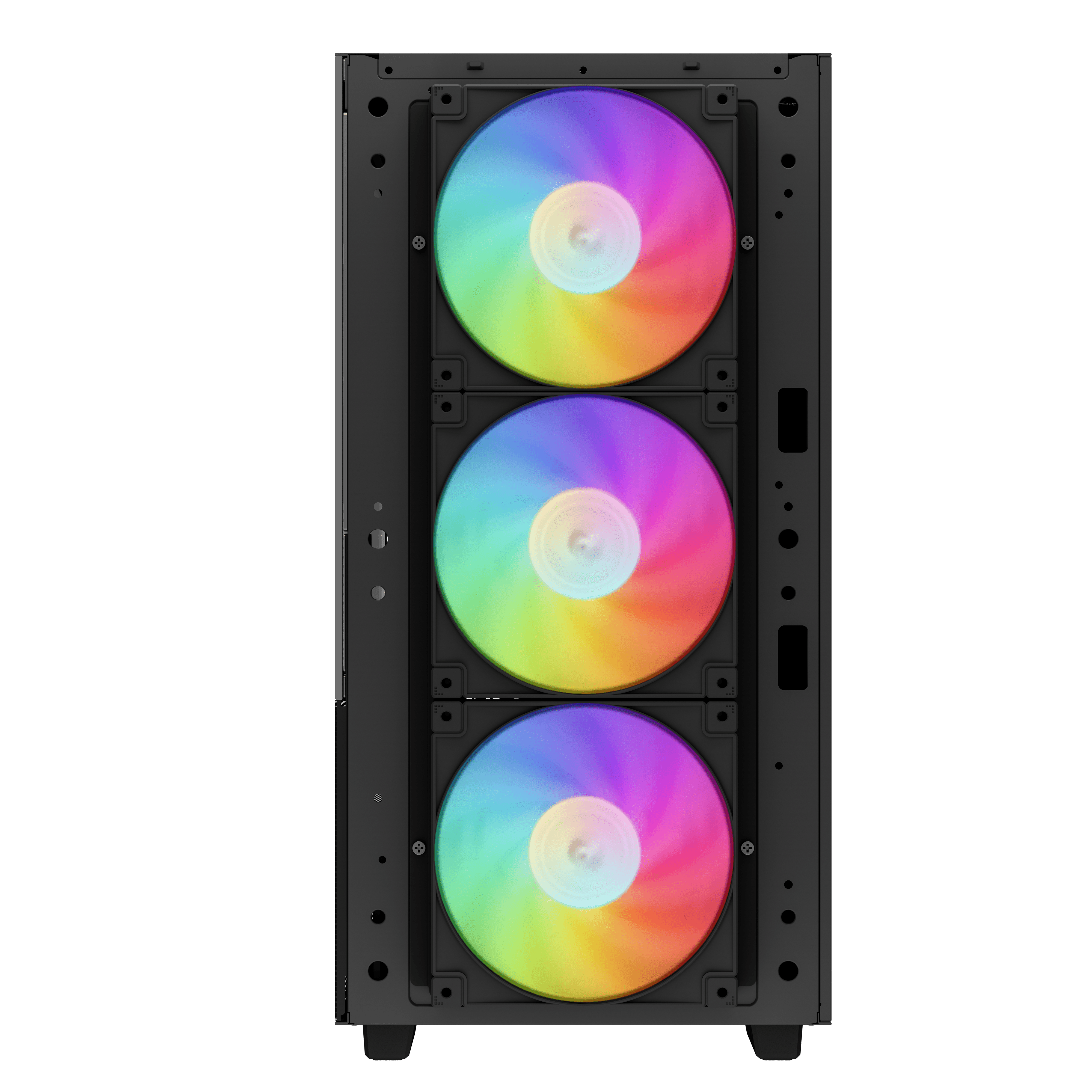 Számítógépház elülső nézete három RGB ventilátorral. Fekete ház és ventilátorok színes fényekkel.