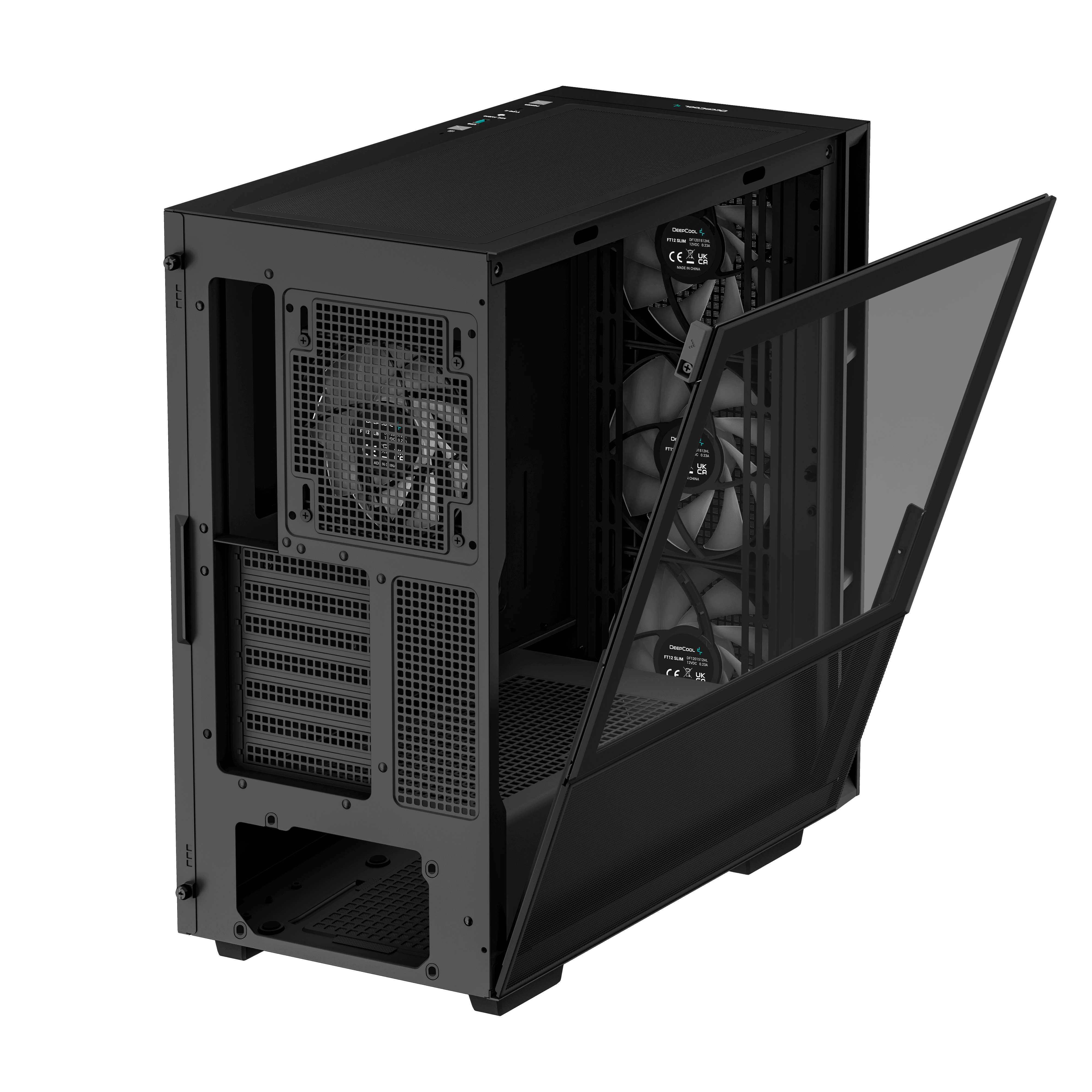 Fekete PC-tok nyitott üveg oldallappal, ventilátorokat és belső alkatrészeket mutatva.