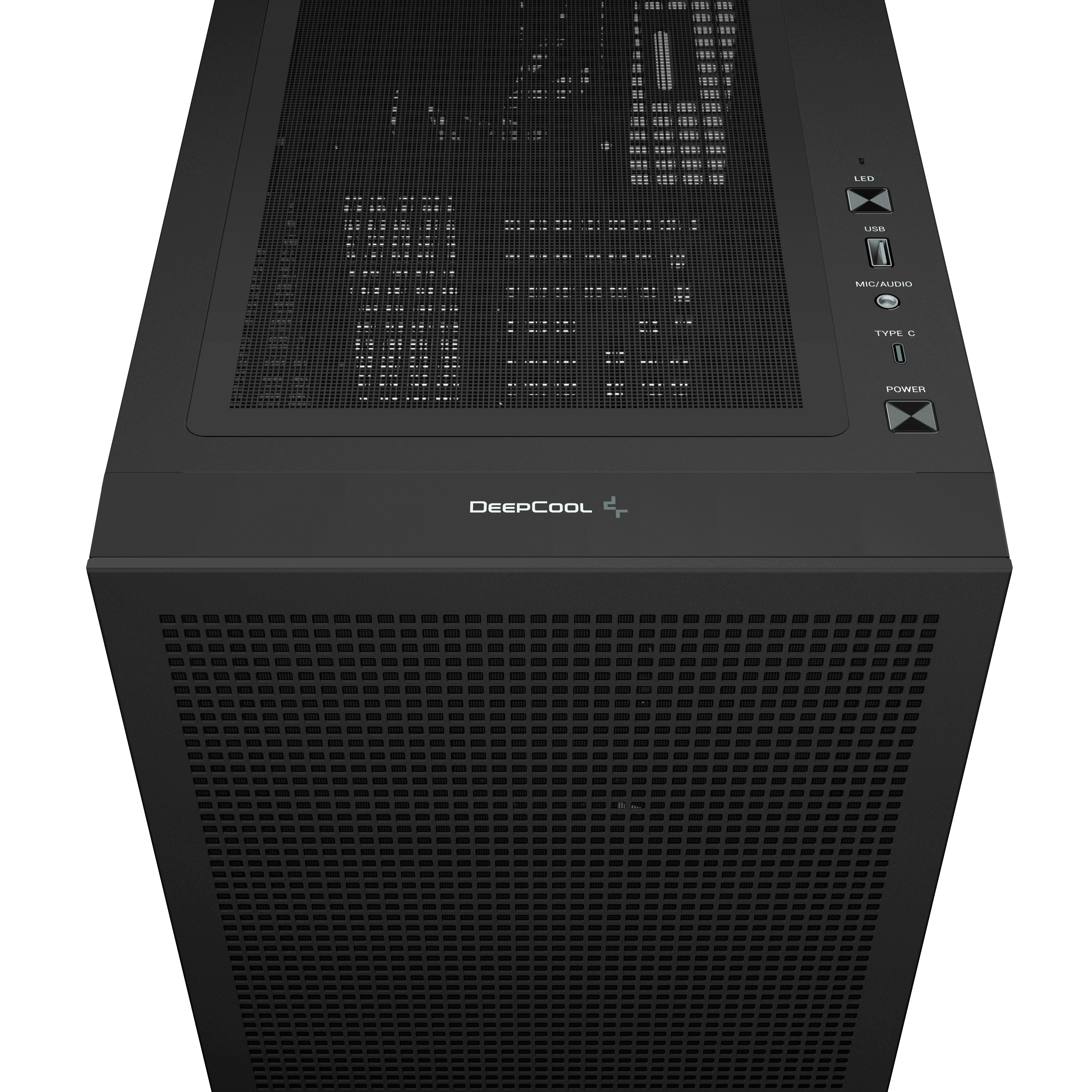 Fekete PC-ház, felülnézet. Gombok, portok és hálós tető van rajta. Látható a Deepcool logója.
