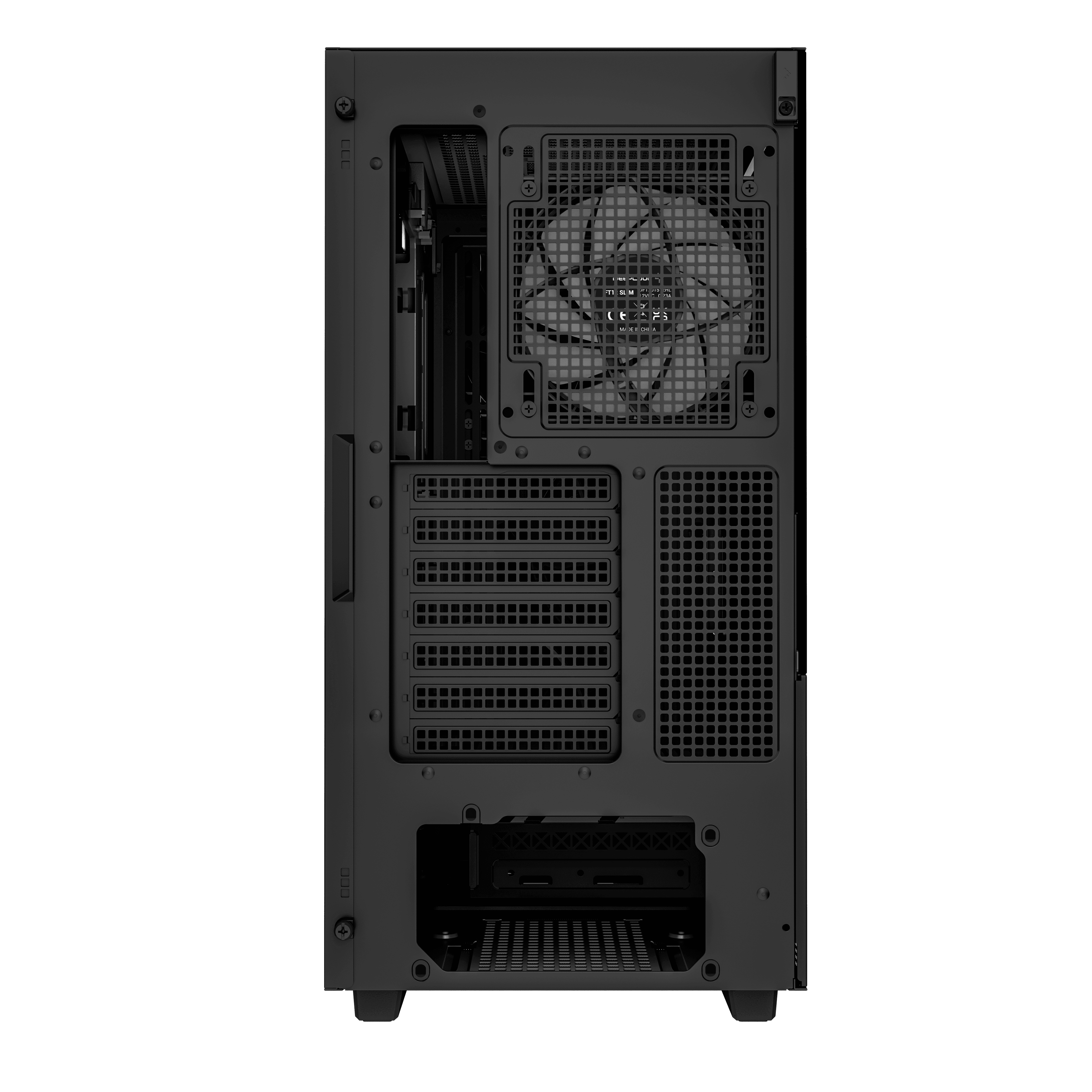 Nyitott fekete számítógépház belső része ventilátorral és rekeszekkel, fekete háttéren.
