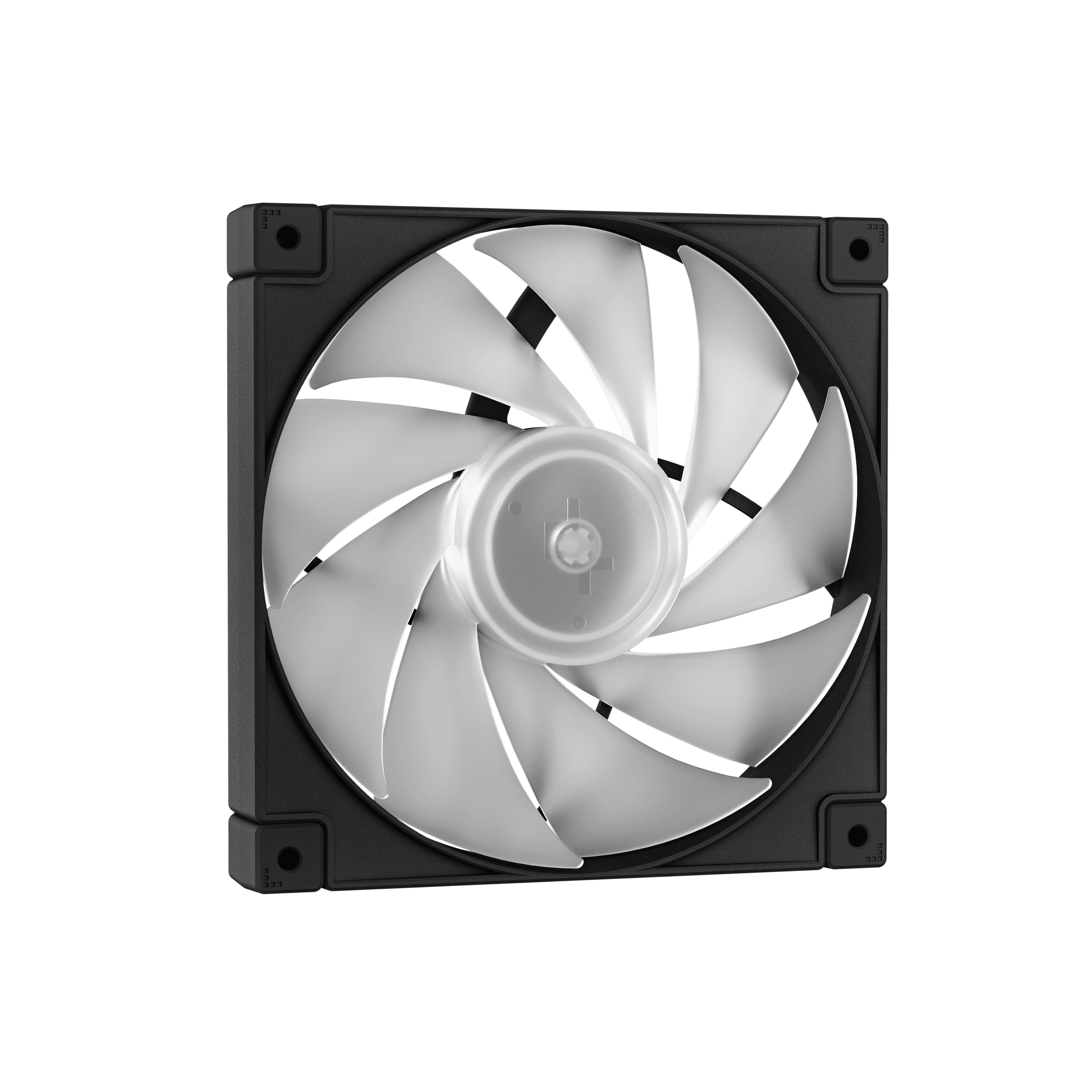 Fekete számítógép ventilátor fehér lapátokkal, fekete háttér előtt.